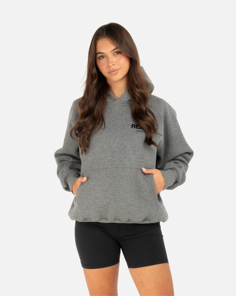 SSS Realism Back Logo Hoodie - Dark Heather Grey Pullover Sweatshirt for Men & Women | Casual Streetwear, Gym, Outdoor Activities