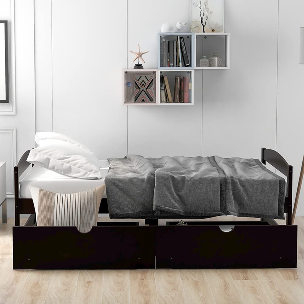 Solid Wood Twin Size Platform Bed Frame with 2 Storage Drawers - Captain's Bed with Wood Slat Support, Headboard & Footboard - No Box Spring Needed - Espresso Finish - Perfect for Small Bedrooms, Guest Rooms & Dorm Rooms