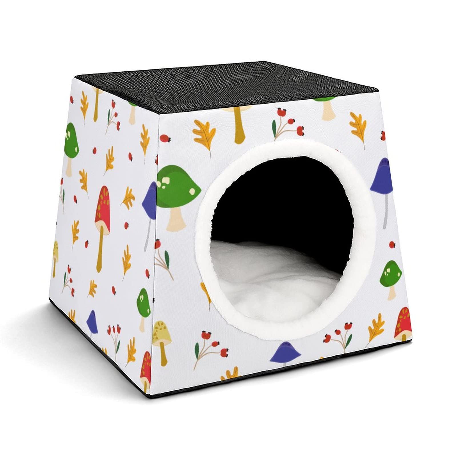 Cozy Printed Cat Cube Bed - Indoor Cat House with Soft Pillow for Kittens & Small Dogs - Mushroom Design Pet Sofa for Living Room & Bedroom