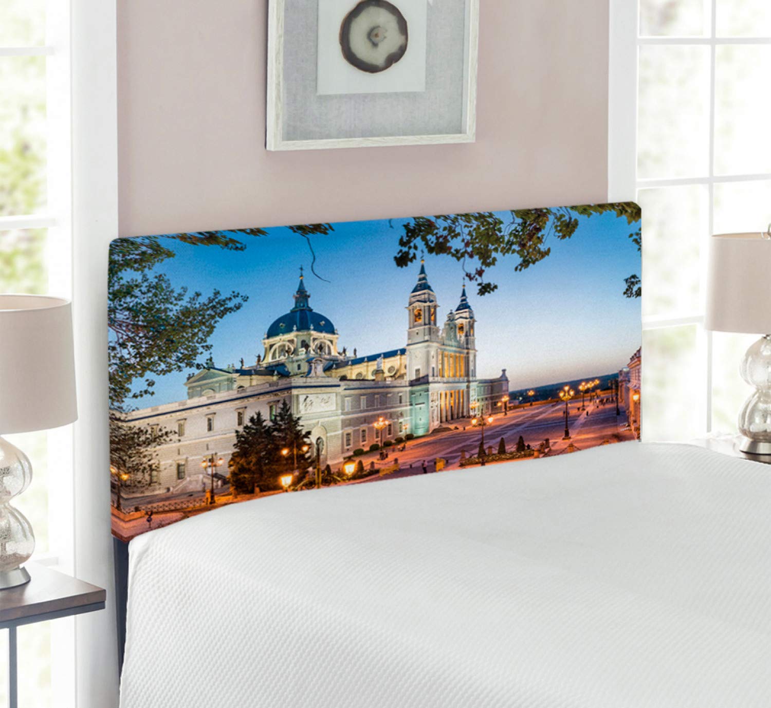 Ambesonne European Upholstered Headboard - Twin Size Old Royal Palace Madrid Mediterranean City Print, Decorative Metal Bed Headboard with Memory Foam, Multicolor | Perfect for Bedroom Decor, Guest Rooms & Vintage Style Interiors