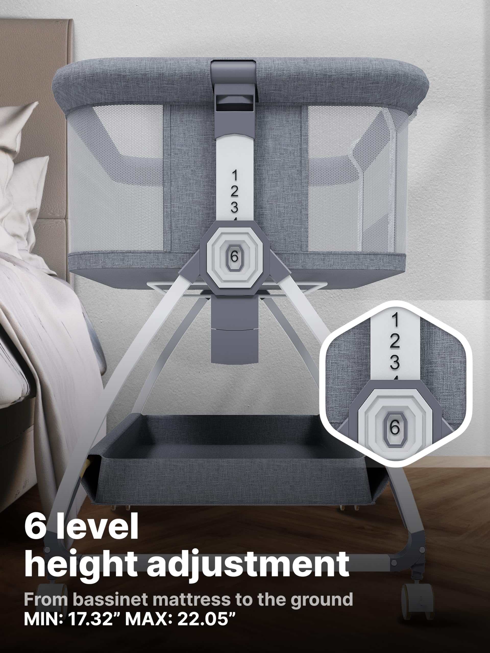 Earth&ME Portable Baby Bassinet Bedside Sleeper with Rocking Motion - Breathable Mesh Crib for Safe Co-Sleeping, Adjustable Height, Storage Basket & Wheels - Includes Travel Bag & Mosquito Net - Perfect for Nursery, Bedroom & Travel Use
