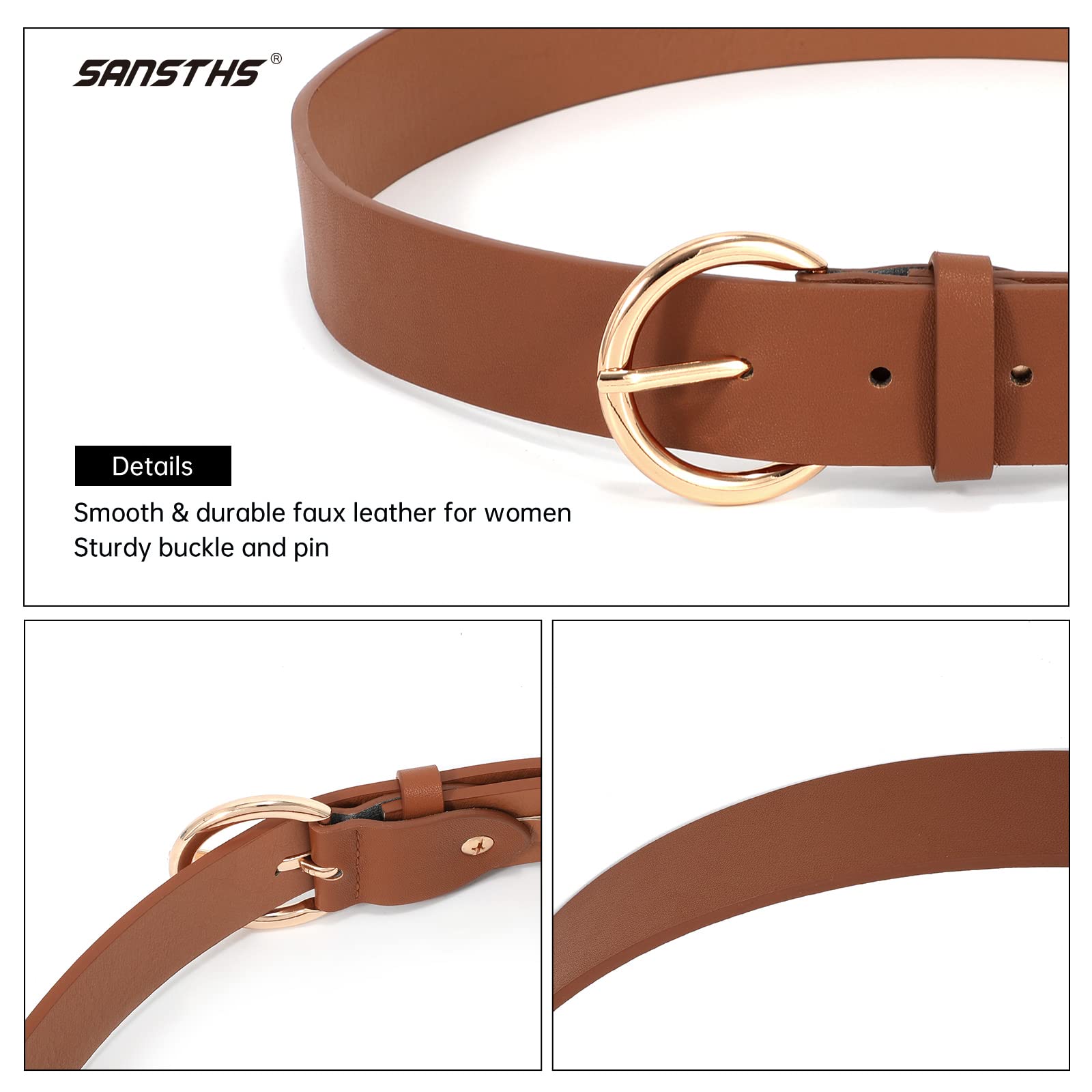 SANSTHS Women's Black Leather Belt with Gold Buckle - Stylish Dress Belt for Jeans, Pants & Office Wear - Perfect for Casual & Formal Outfits