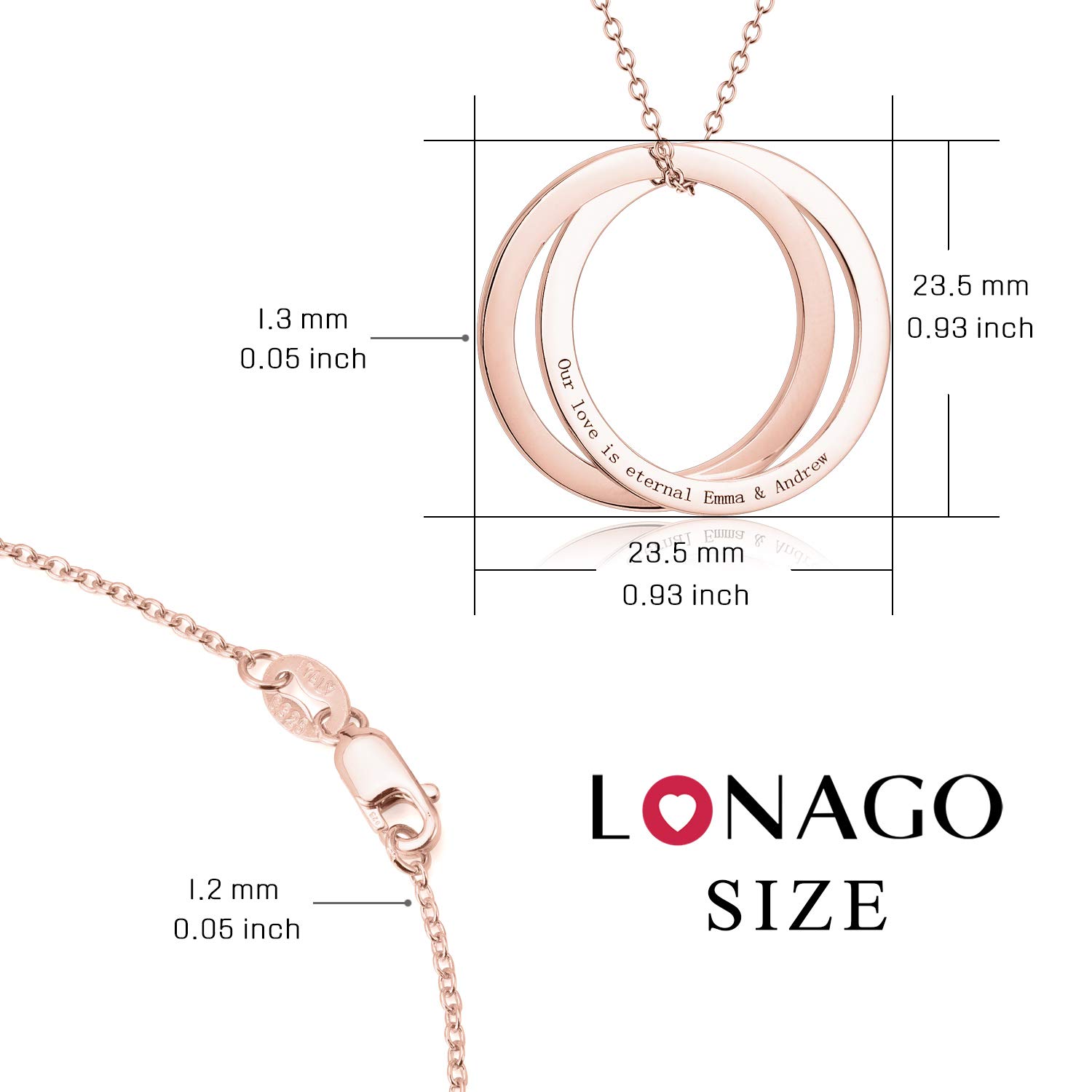 LONAGO Personalized Disc Necklace - 2 Interlocking Circle Rings with Custom Engraving (Name/Date/Word) - Russian Ring Pendant Jewelry for Women - Perfect Gift for Anniversary, Birthday & Valentine's Day