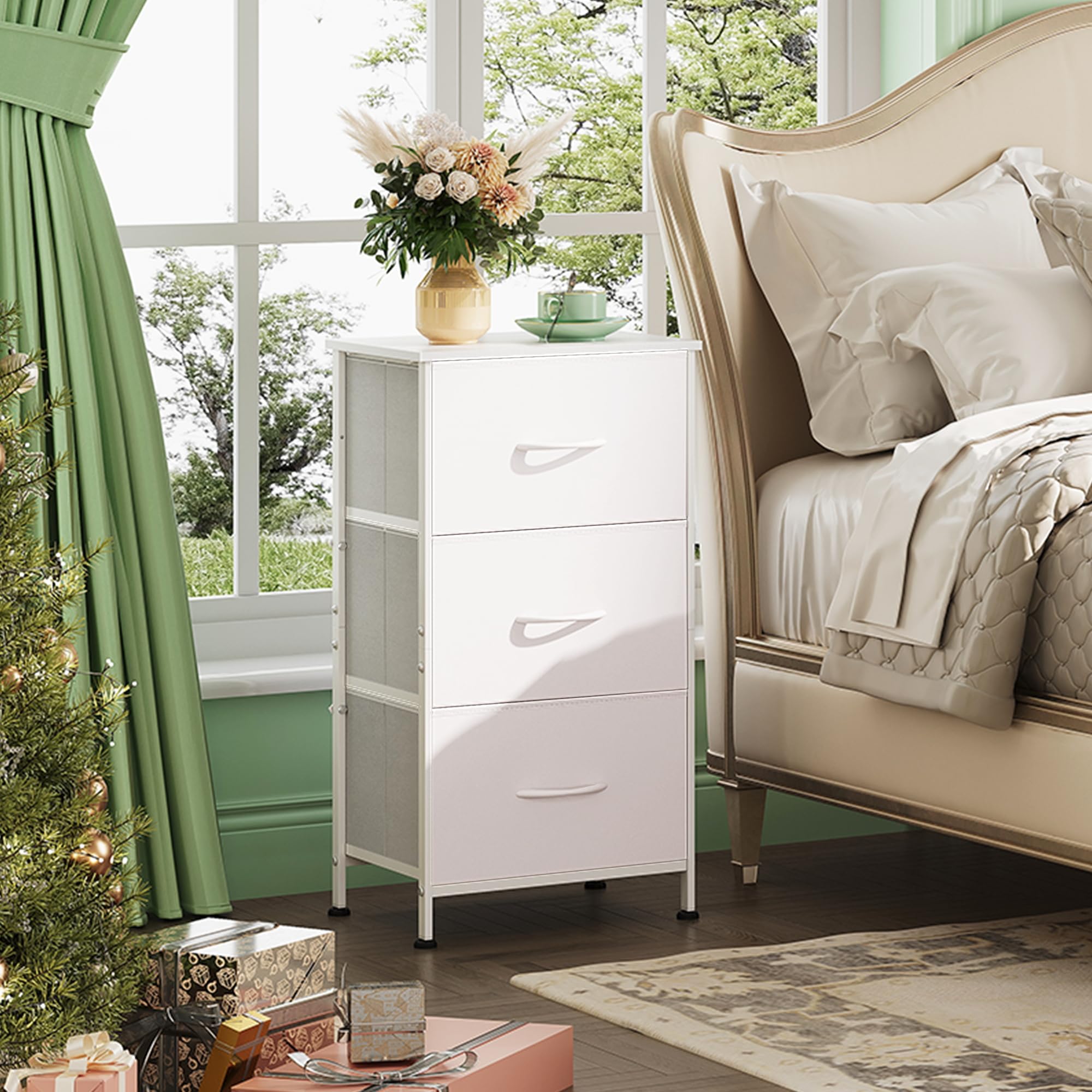 WLIVE 3-Drawer Fabric Nightstand with Wood Top - Sturdy Steel Frame Dresser Organizer for Bedroom, Hallway, Entryway & Closet Storage - Easy Pull Handle, White - Perfect for Small Spaces & Apartment Living