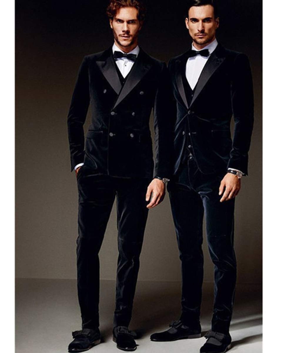 SOLOVEDRESS Men's 2 Piece Velvet Suit - Double Breasted Slim Fit Tuxedo Set (Blazer & Pants) for Wedding, Groomsmen, Prom & Formal Events