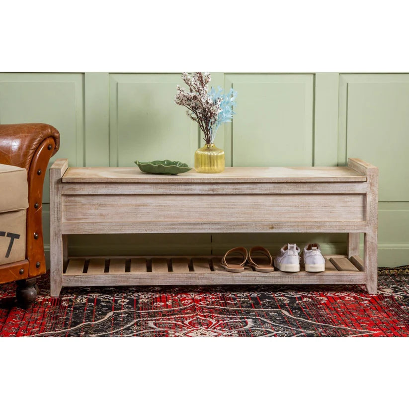 White Washed Wooden Front Door Bench - Rustic Entryway Seating for Hallway & Porch - Perfect for Storage & Decor (1 in Stock)