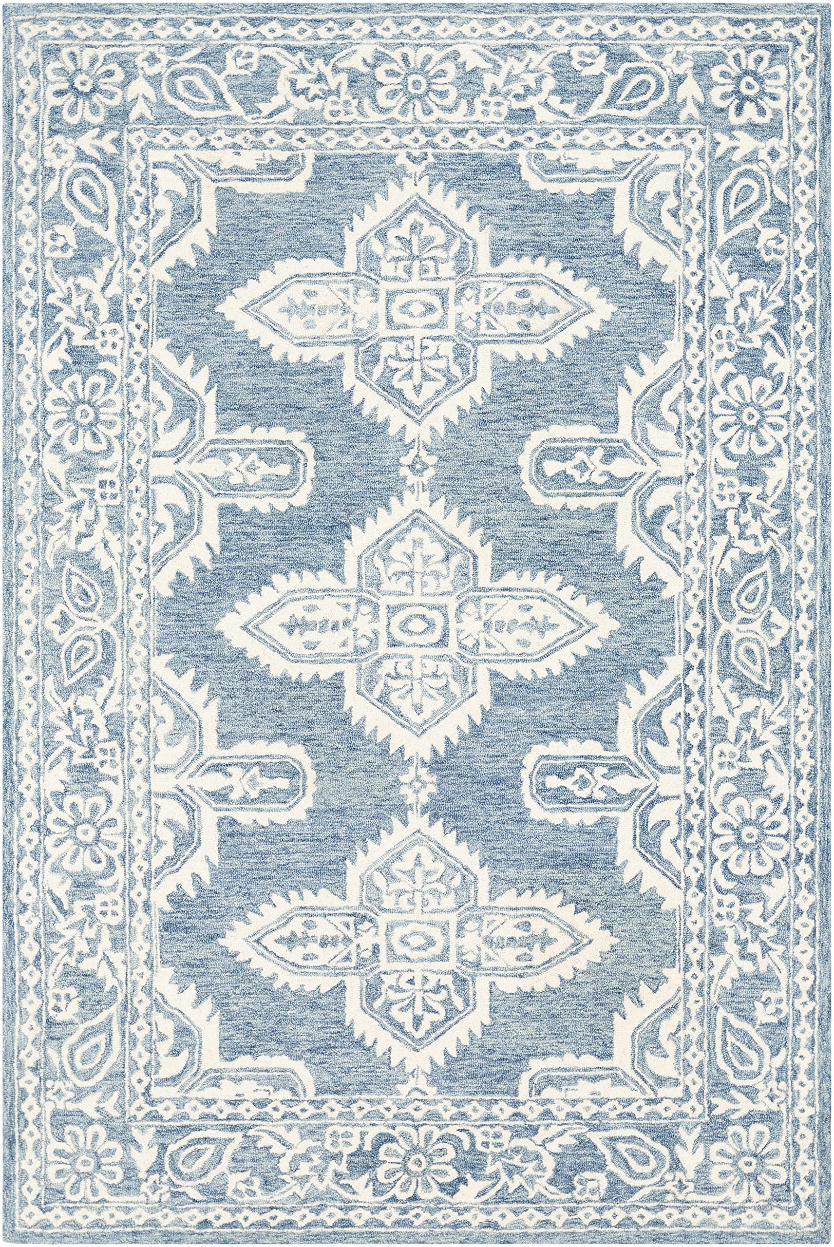 Hauteloom Passaic Wool Area Rug 9' x 12' - Bohemian Global Design in Blue & Beige - Soft Living Room Rug, Bedroom Carpet for Cozy Home Decor - Perfect for Family Rooms, Dorm Spaces & Bohemian Style Interiors