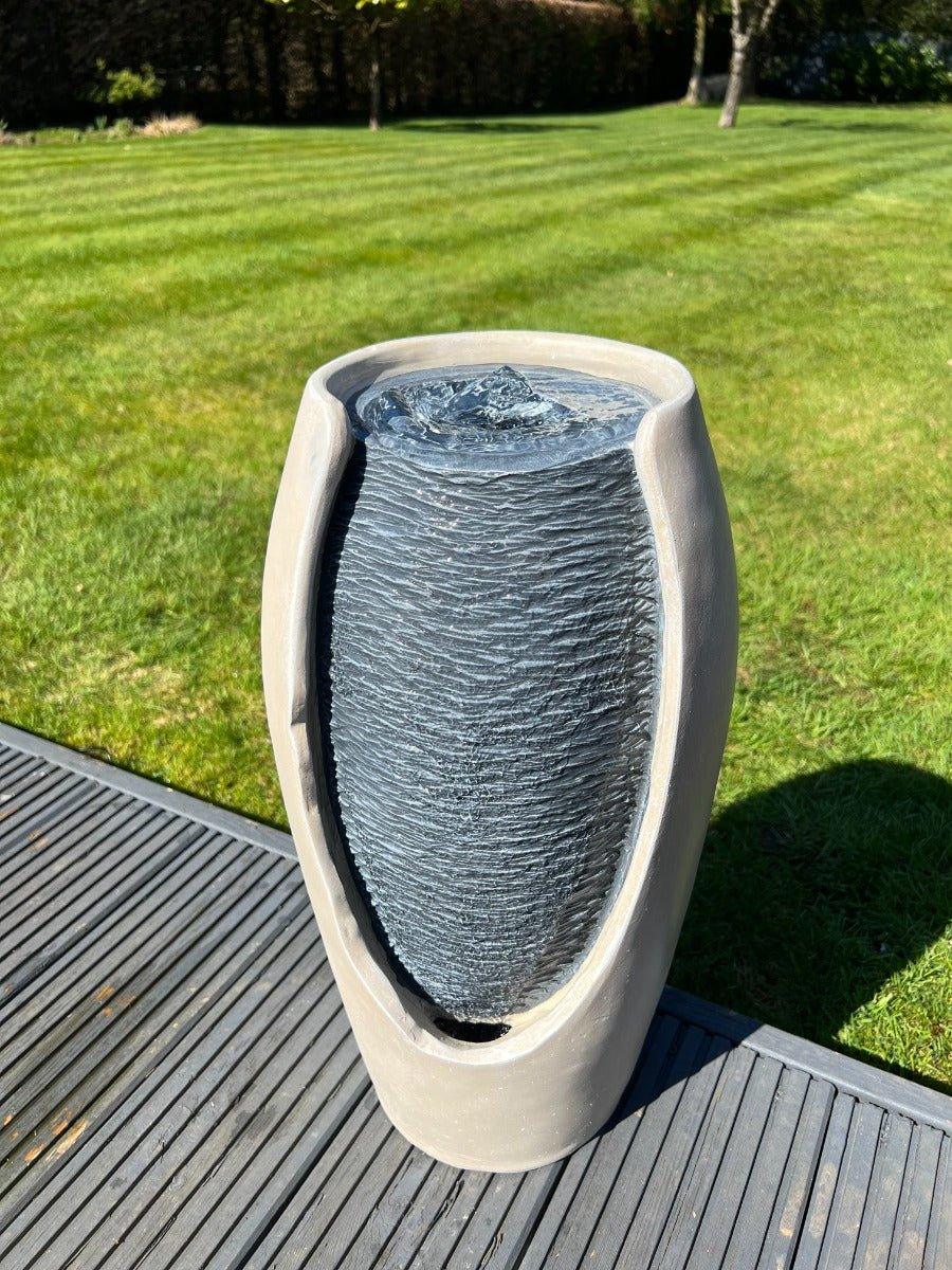 Solar Powered Open Vase Water Feature with LED Lights - White/Grey - 27x25x50cm - Perfect for Garden, Patio, and Outdoor Decor