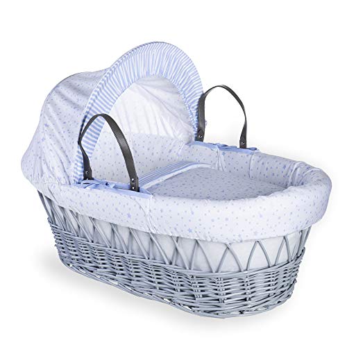 Clair de Lune Stars and Stripes Grey Wicker Moses Basket with Bedding Set, Mattress & Adjustable Hood - Perfect Baby Shower Gift for Newborns Nursery, Cozy Sleeping & Photo Props (Blue)