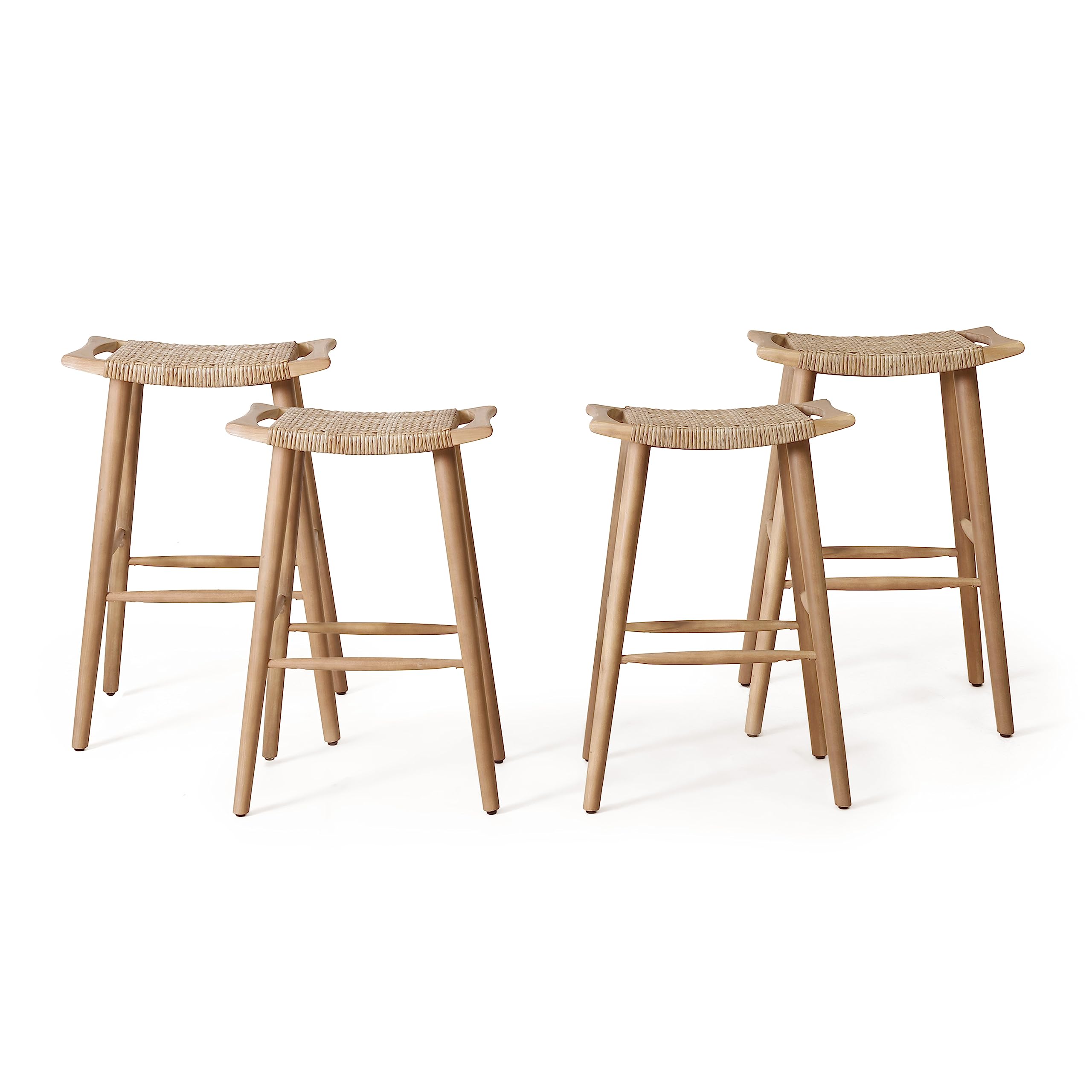 Christopher Knight Home Magwen Outdoor Acacia Wood Barstool with Wicker Back - Set of 4, Light Brown & Multi-Brown - Perfect for Patio, Deck, Garden & Poolside Seating