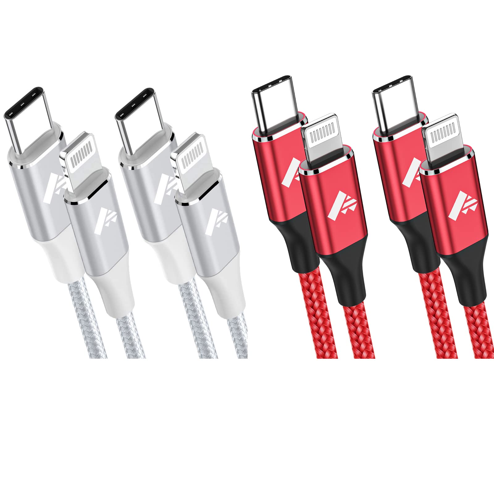 Aiminu 2 Pack 1ft USB C to iPhone Cable & 2 Pack 3ft USB C to Lightning Cable Fast Charging Compatible with iPhone 13 12 11 Pro Max XS XR X 8 7 6S 6 Plus SE, iPad Air Mini - Perfect for Home, Office, Car Charging (White/Red)