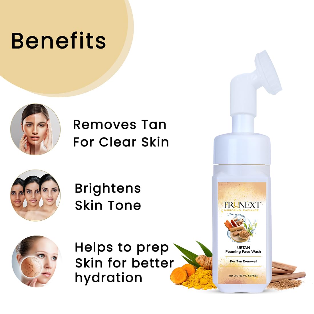 TRUNEXT Ubtan Foaming Face Wash for Tan Removal - Natural & Gentle Cleanser (150ml) for Bright, Glowing Skin | Perfect for Daily Skincare & Sun Damage Repair