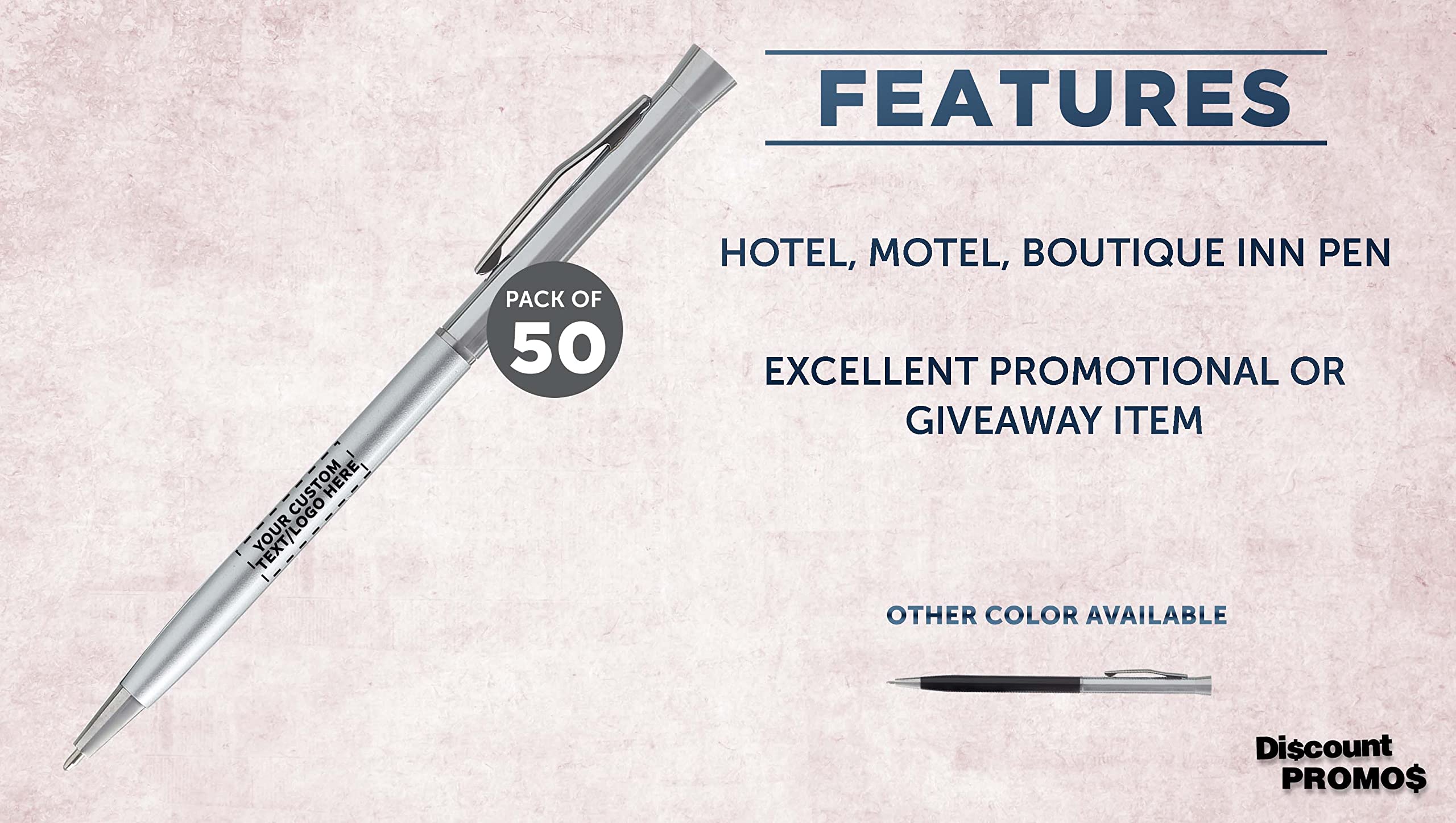 50 Pack Slim Metal Hotel Pens - Customizable Text & Logo - Two-Tone Minimalist Design with Black Ink - Silver - Perfect for Corporate Gifts, Hotels, and Office Supplies