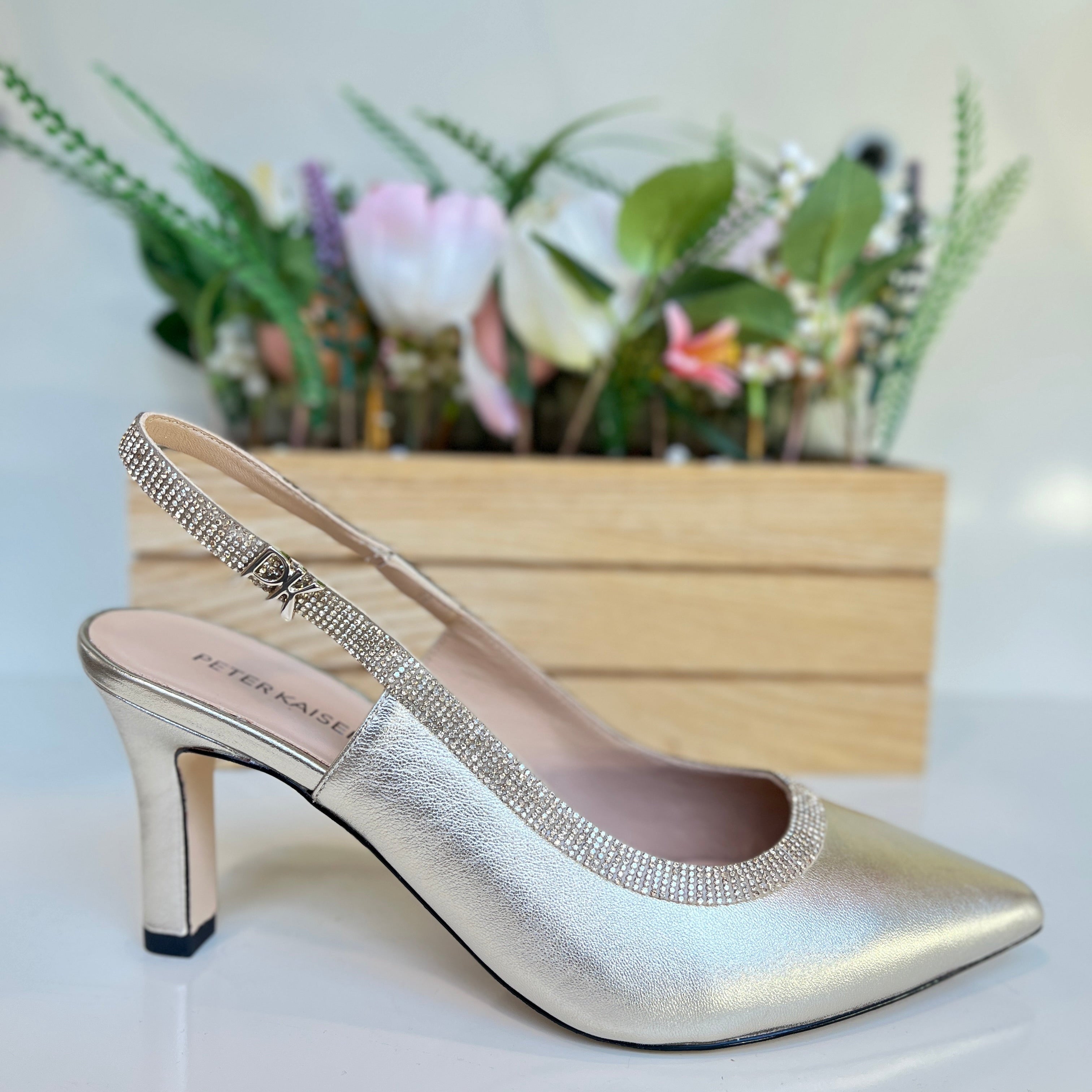 PETER KAISER Women's Gold Slingback Heels with Diamante Detail - Elegant Evening Shoes for Parties, Weddings & Special Occasions
