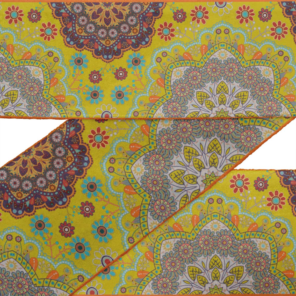 Indian Beautiful Art Yellow Floral & Mandala Kaleidoscope Printed Velvet Ribbon Trim - 9 Yards x 3 Inches Wide for Sewing, Crafts, DIY Accessories - Perfect for Costume Design, Gift Wrapping & Home Decor