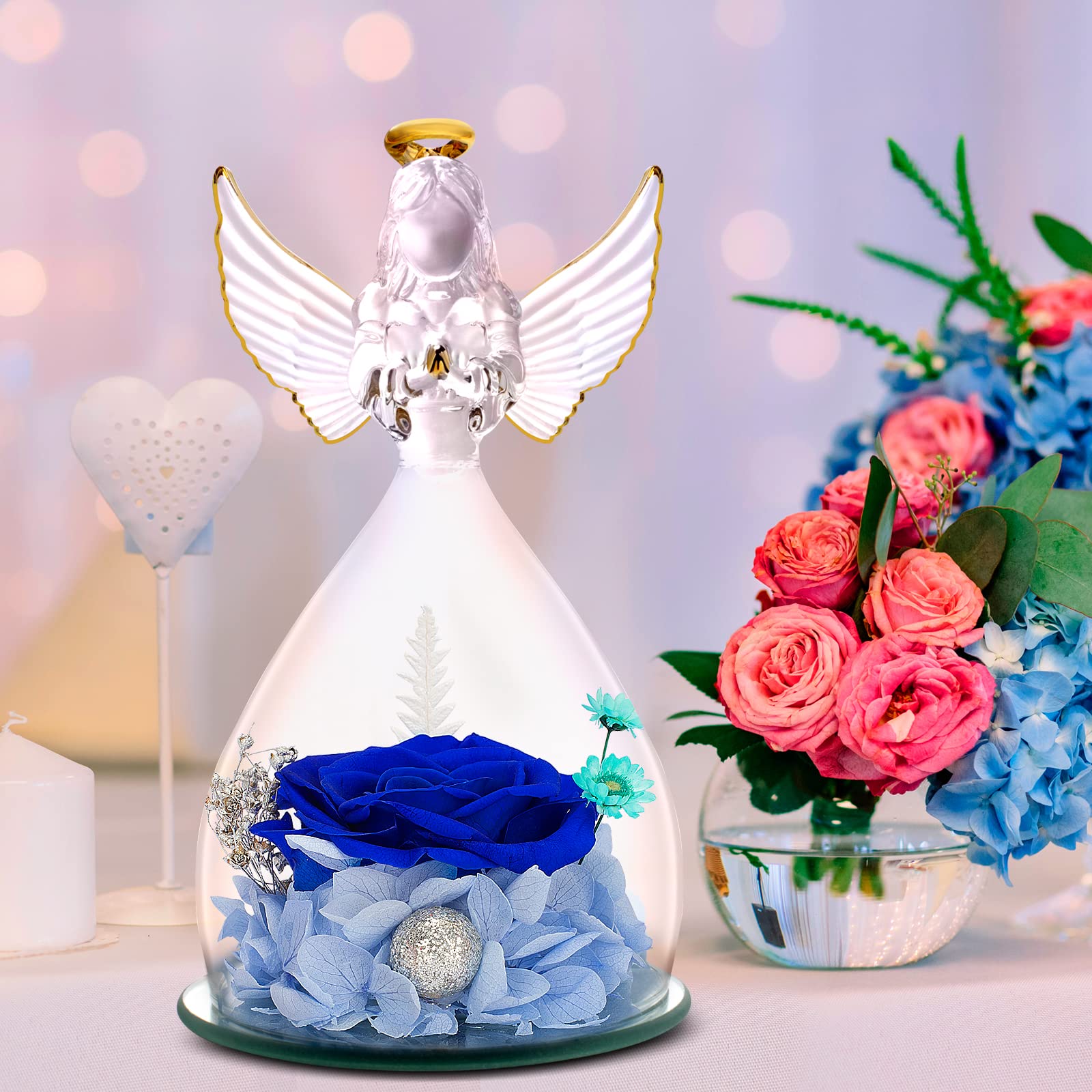 YEEBAY Preserved Rose Flower Gift Set with Angel Figurine - Perfect Birthday, Anniversary, Wedding, Valentine's, Christmas & Thanksgiving Gift for Women, Mom, Wife, Grandma - Elegant Home Decor & Romantic Present for Special Occasions