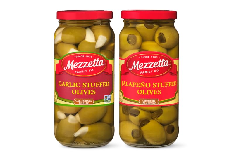 **Mezzetta Stuffed Olives 2-Pack (10 oz Garlic & 10 oz Jalapeño) – Gourmet Italian Olives for Charcuterie Boards, Cocktails & Mediterranean Recipes**