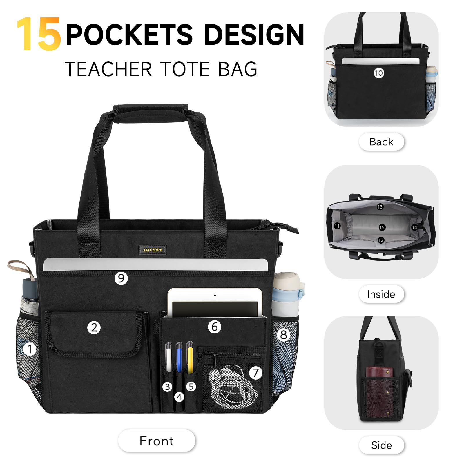 Large Teacher Tote Bag with Laptop Compartment - 15 Pocket Work Tote for Women, Nursing Bag in Black - Perfect for School, Office & Hospital Use