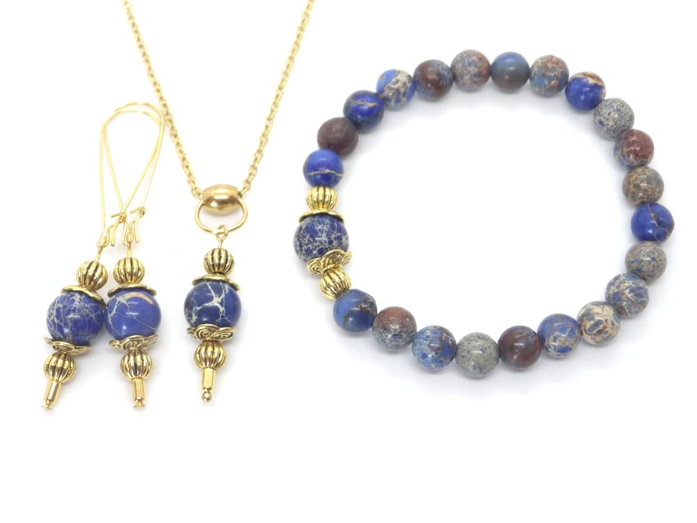 Vintage Style Blue Imperial Jasper Jewelry Set for Women - Necklace, Bracelet & Earrings in Gold Metal | Perfect for Parties, Weddings & Special Occasions