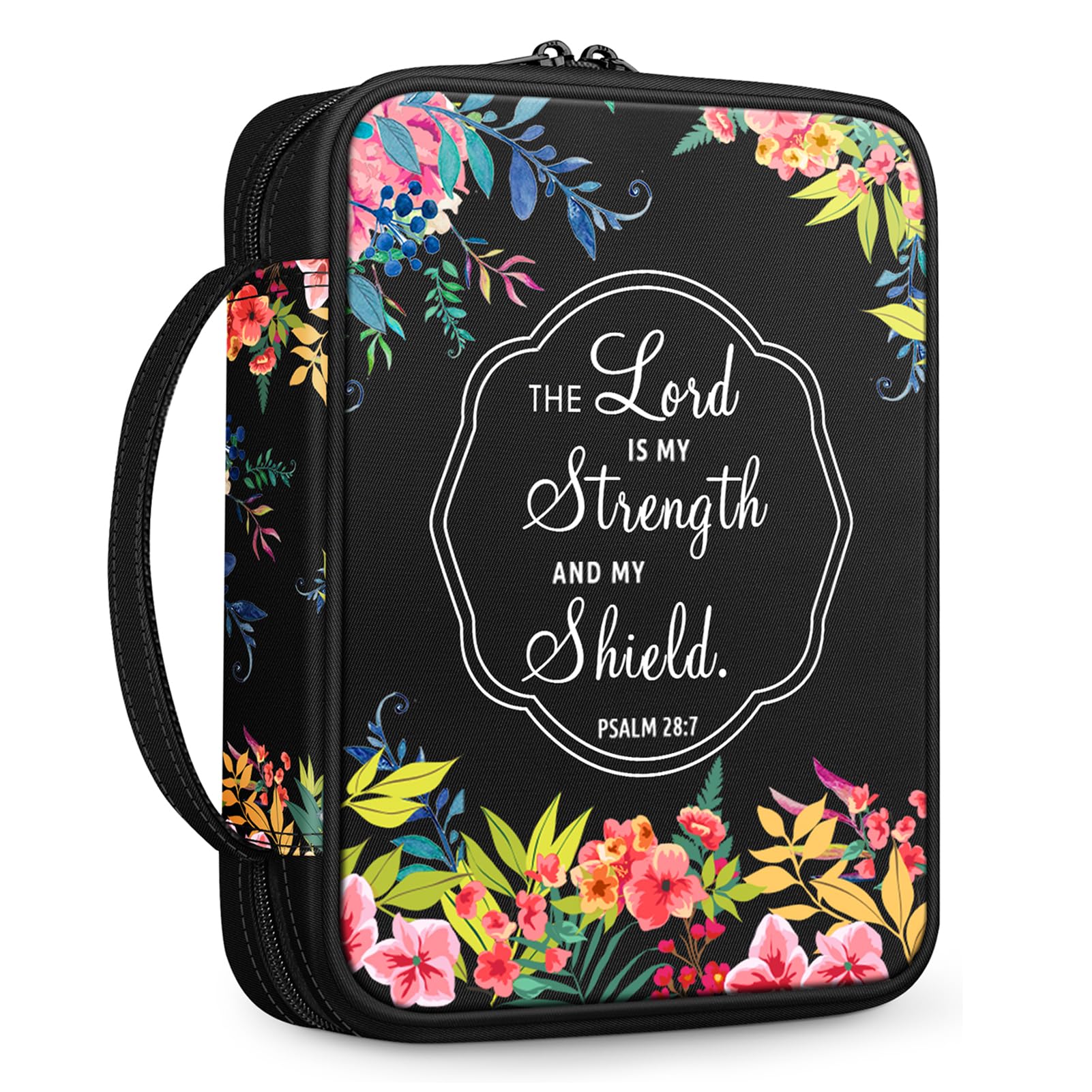 FINPAC Bible Cover with Handle & Zippered Pocket - Floral Black Protective Book Case for Church, Travel & Daily Use - Perfect Gift for Women, Men & Mother - Bible Carrying Bag for Study, Worship & Religious Events