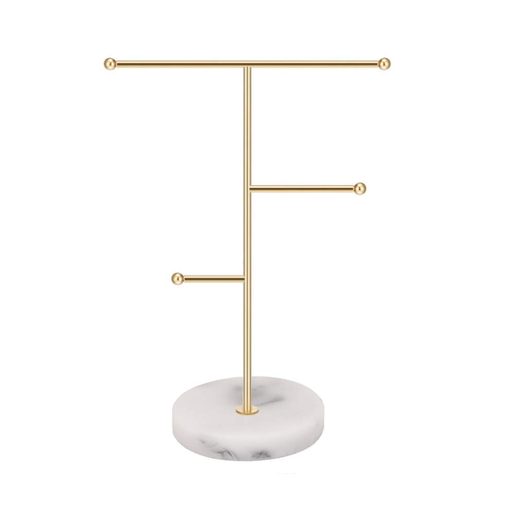 Metal T-Bar Jewelry Organizer Stand - Necklace Display & Earrings Holder with Marble Pattern Round Tray for Bracelets, Rings, Watches - Perfect for Home Decor & Boutique Store Display (Gold)