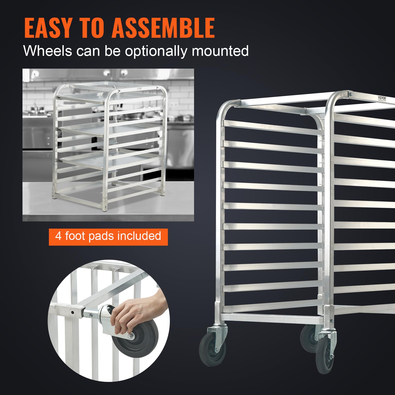 VEVOR 10-Tier Commercial Bun Pan Rack with Brake Wheels - Aluminum Bakery Storage Cart for Half & Full Sheet Pans - Heavy Duty Kitchen Speed Rack for Bread, Pastry, and Baking Equipment (26
