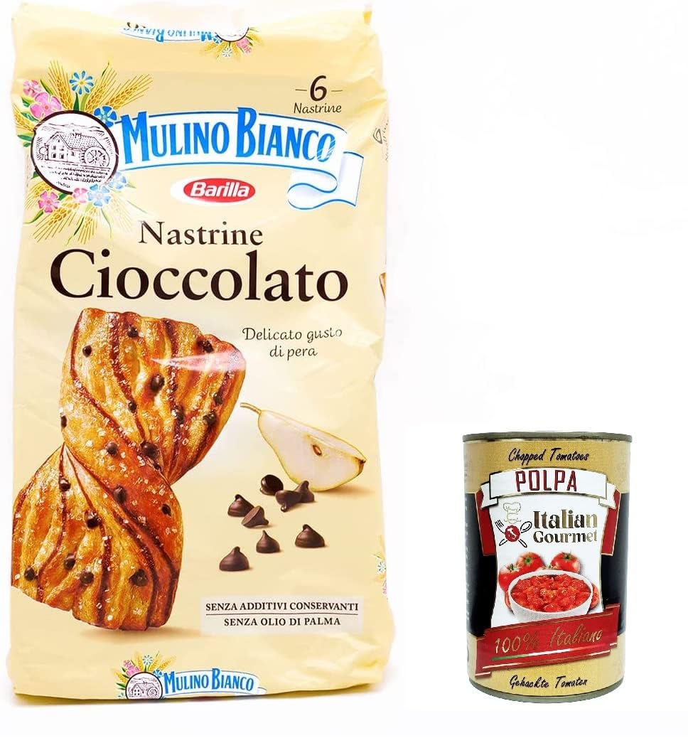 3x Mulino Bianco Nastrine Chocolate Drops Snacks, Sweet Pear Flavor Chocolate Bars, Italian Gourmet Snacks – 6 Pack + 400g Italian Tomato Pulp – Perfect for Office, School & Travel Snacking