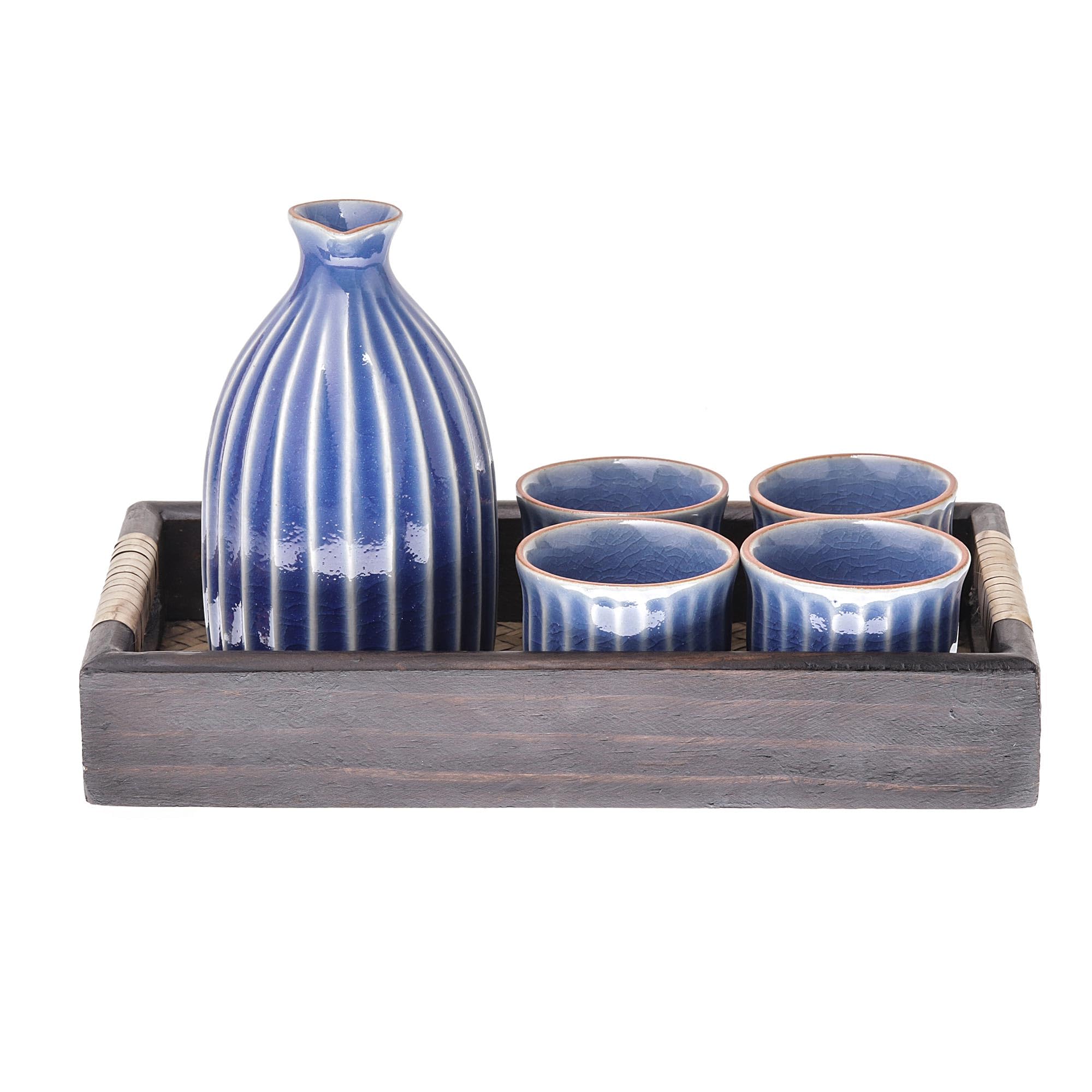 NOVICA Handmade Celadon Ceramic Sake Set - Blue Japanese Style Decanter with 4 Cups & Wood Tray - Traditional Thai Tableware for Sake, Wine & Tea - Perfect for Dinner Parties, Gifts & Home Decor (Decanter 5.5