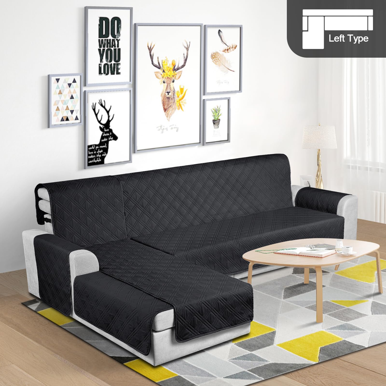 TAOCOCO 100% Waterproof L-Shaped Sectional Sofa Cover Set - 3-Piece Reversible Chaise Lounge Covers with Elastic Straps for Pets & Kids, Fits X-Large Couches (Black) - Perfect for Living Room, Family Room & Pet-Friendly Homes