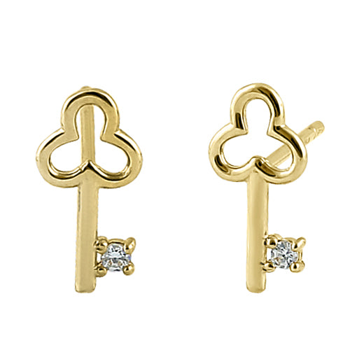 14K Yellow Gold Clover Key Stud Earrings with Clear CZ Stones - Elegant Jewelry for Women, Perfect for Everyday Wear, Gift Giving & Special Occasions