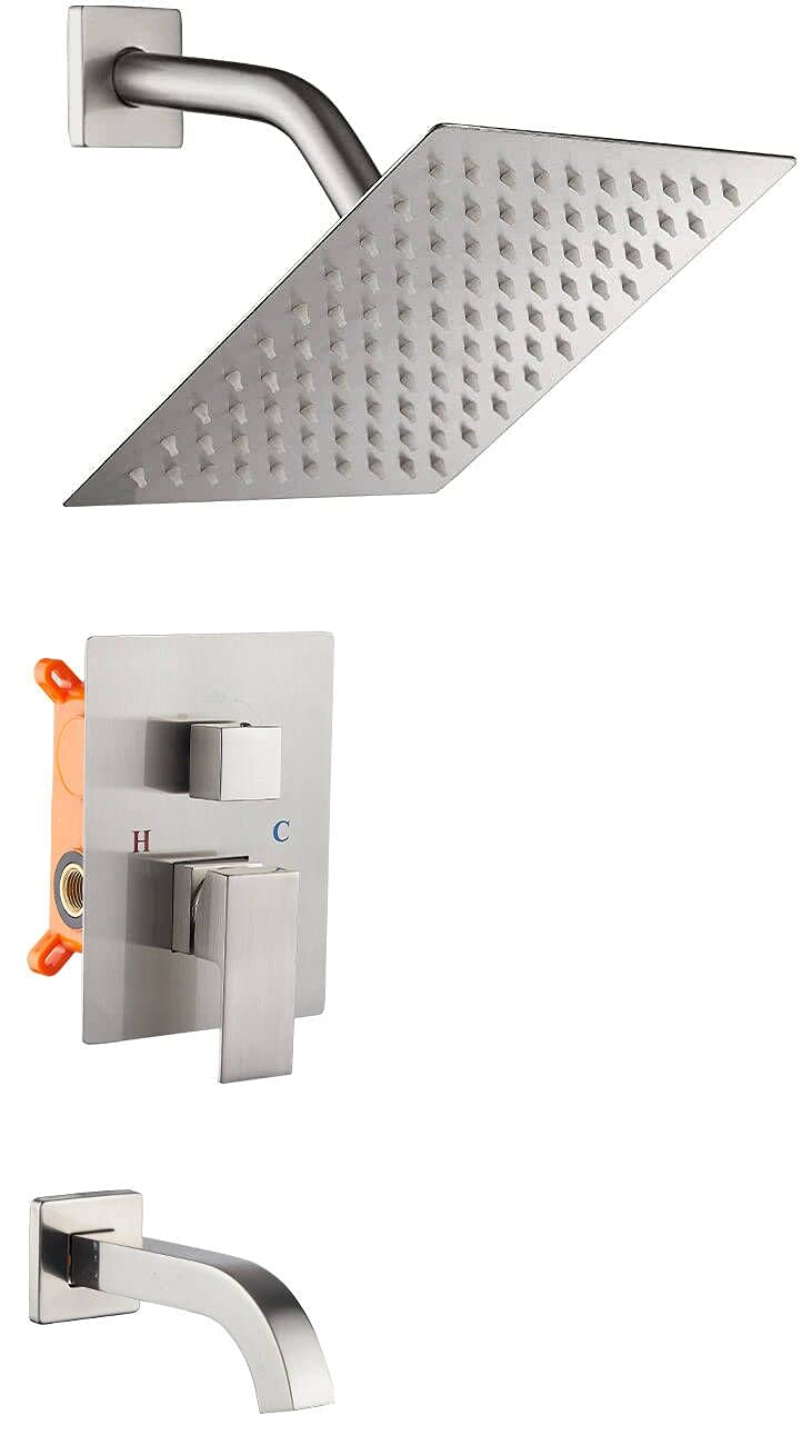 GGStudy Brushed Nickel Shower Trim Kit with Rough-in Valve - 8 Inch Square Stainless Steel Rainfall Shower Head & Tub Faucet System - Dual Function Bathroom Set for Modern Home Spa Experience