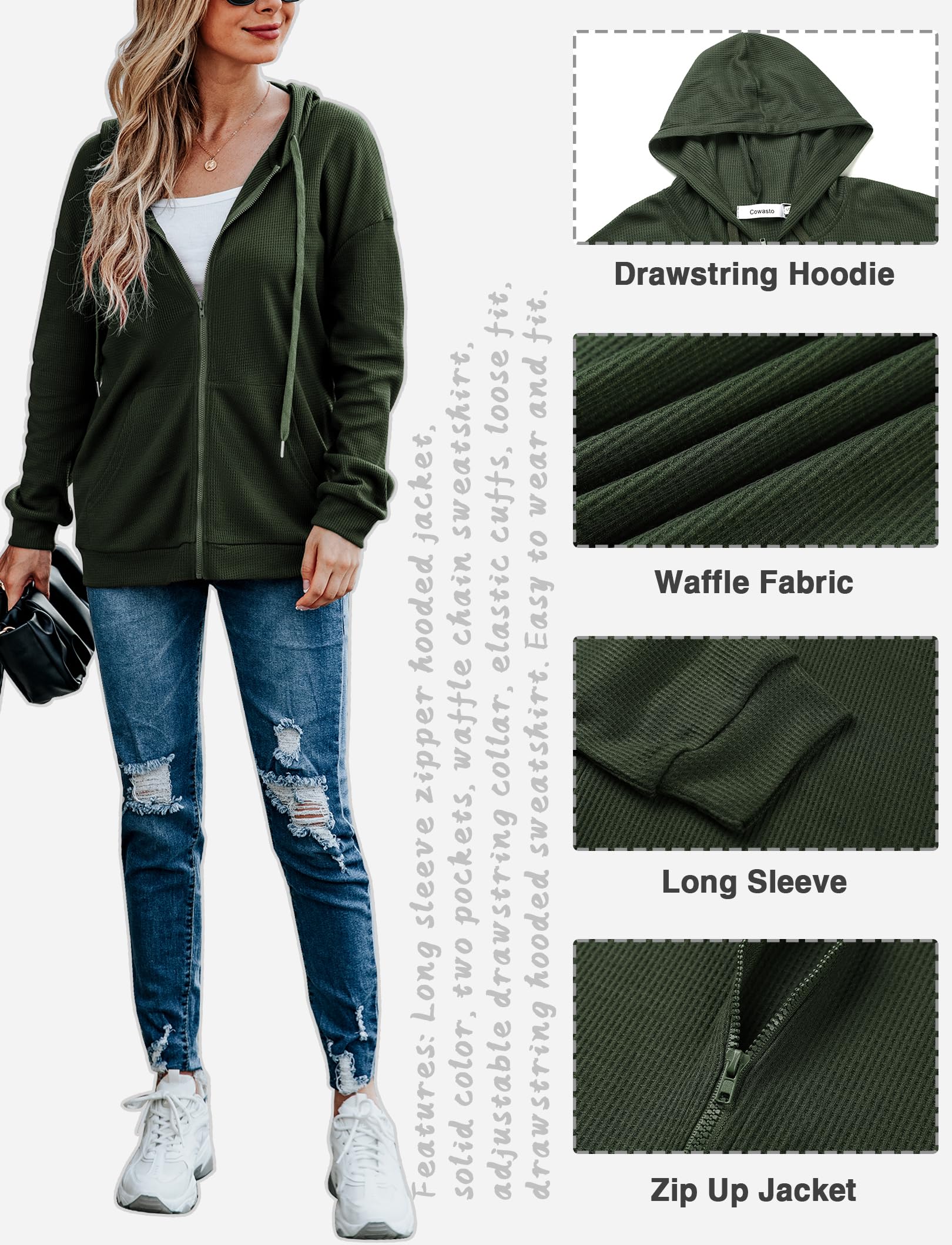 Cowasto Women's Waffle Knit Zip Up Hoodie - Casual Long Sleeve Drawstring Jacket with Hood - Perfect for Fall Layering, Lounge Wear & Outdoor Activities
