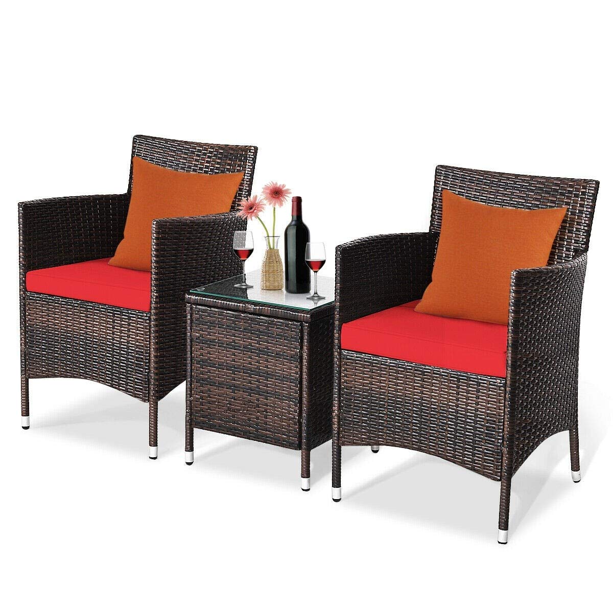 HPW 3-Piece Outdoor Patio Furniture Set with 2 Rattan Chairs & Tempered Glass Coffee Table - Red Cushions for Backyard, Deck, Balcony, Poolside & Outdoor Living Spaces | Perfect for Relaxing, Entertaining & Lounging