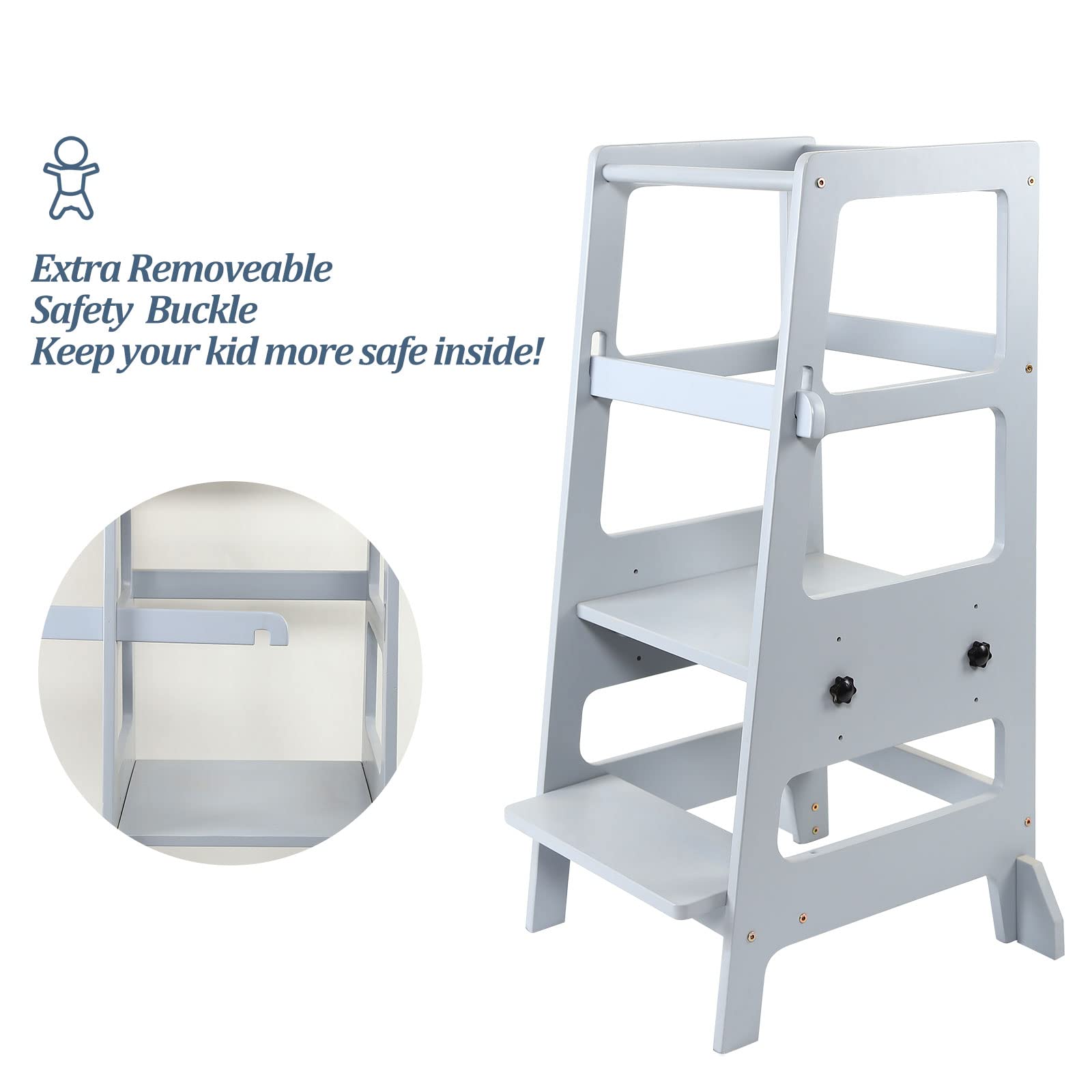 Adjustable Height Wooden Toddler Step Stool - Kids Kitchen Helper Learning Tower for Safe Standing & Cooking - Natural Wood Finish - Perfect for Baking, Washing Hands & Reaching Countertops