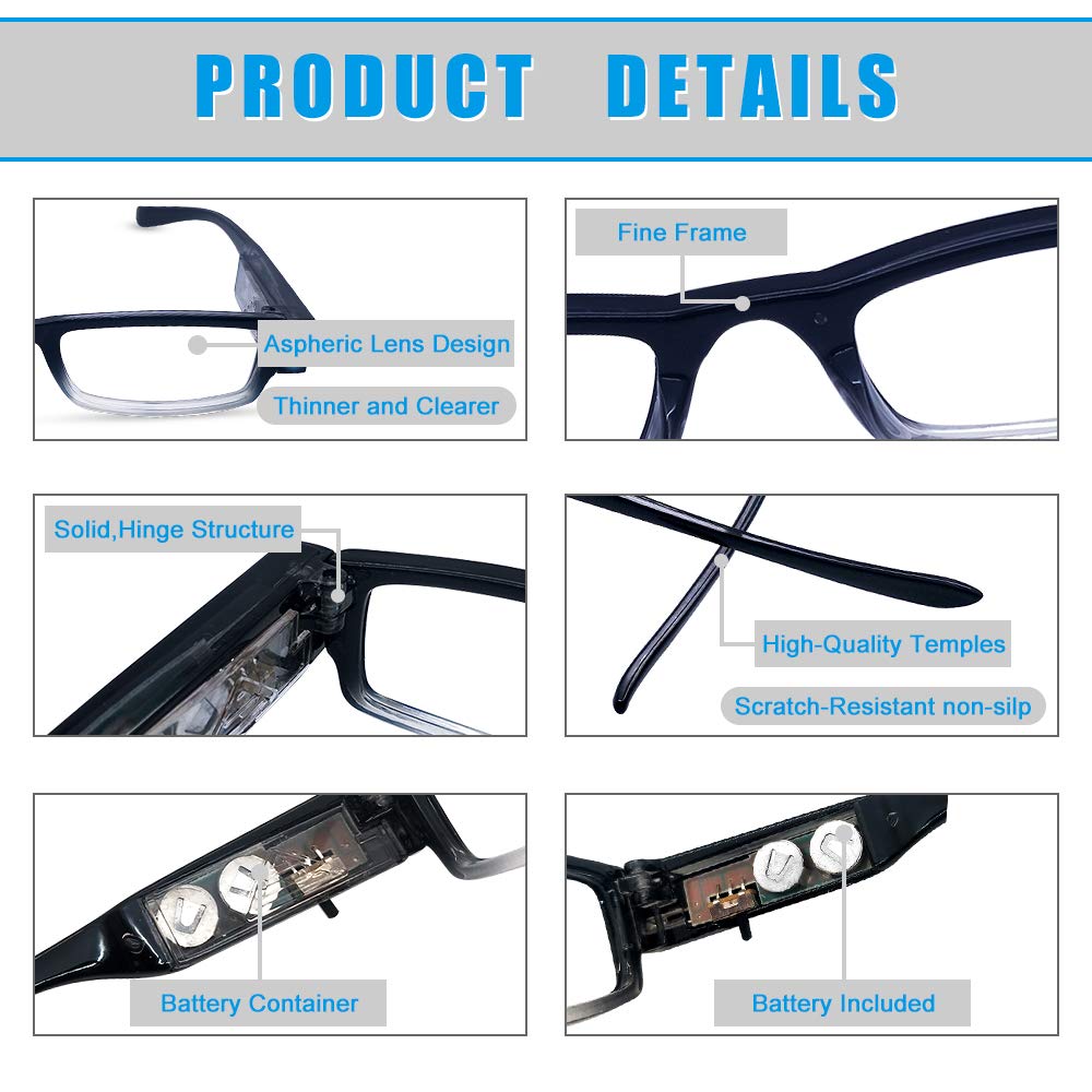 3 Pack LED Reading Glasses with Lights in Frame - Bright Magnifying Glasses for Men & Women - Perfect for Night Reading, Crafts & Low Light Conditions