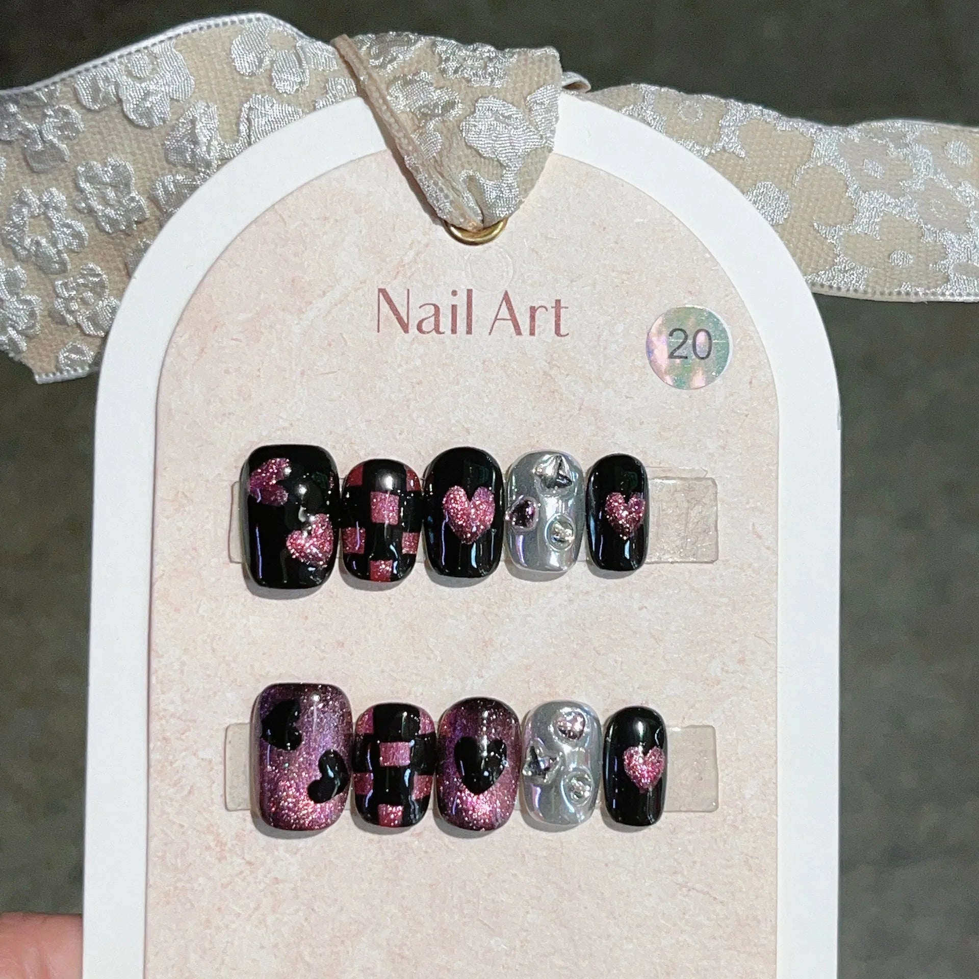 10Pcs Black Pink Cat Eye Checkered Press on Nails - Shimmery Heart Gel False Nails with Glue - Handmade Acrylic Nail Tips for Parties, Weddings & Special Occasions