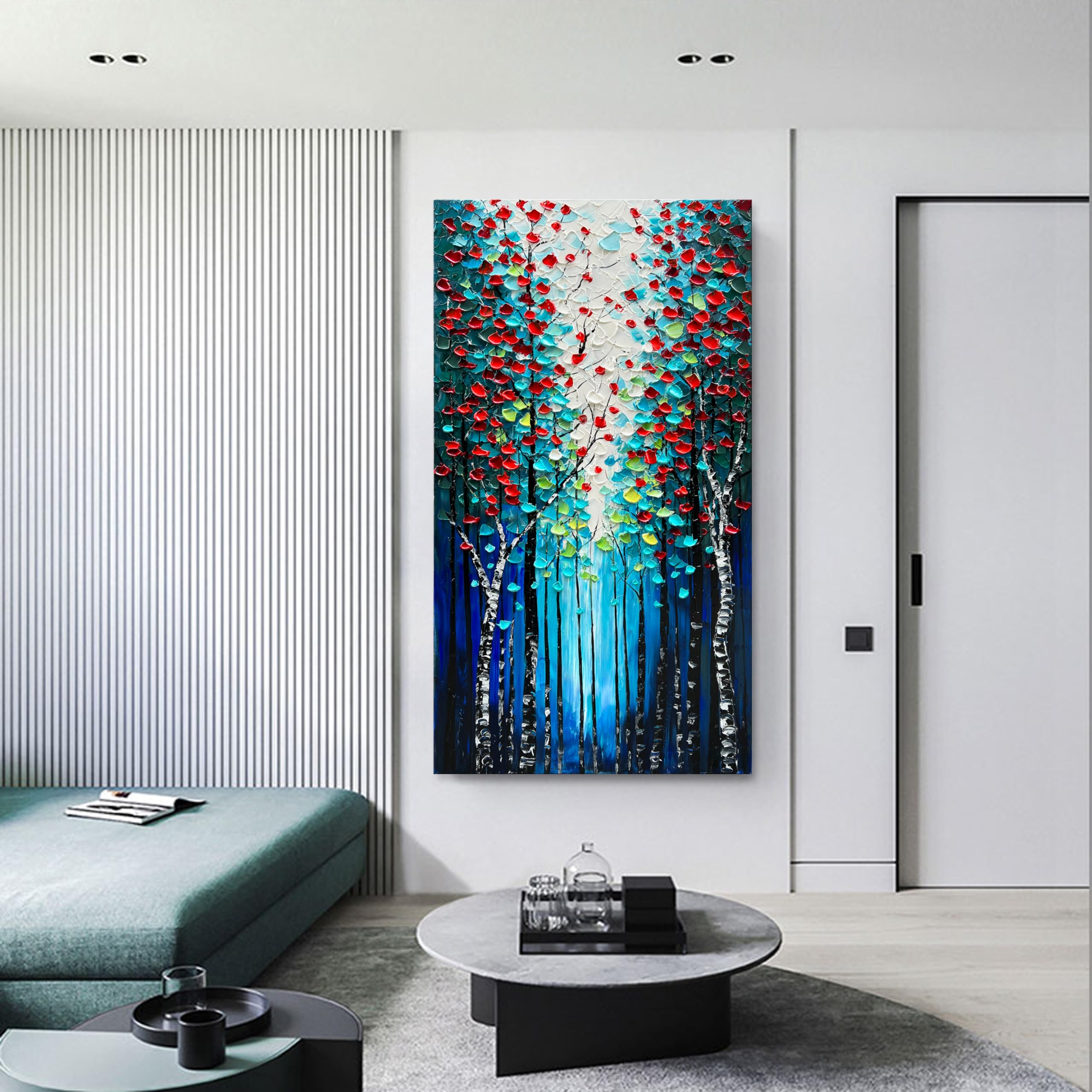 Hand Painted Forest Landscape Oil Painting - Dark Blue Vertical Canvas Wall Art 46x23 Inch - Home Decor for Living Room, Bedroom & Office