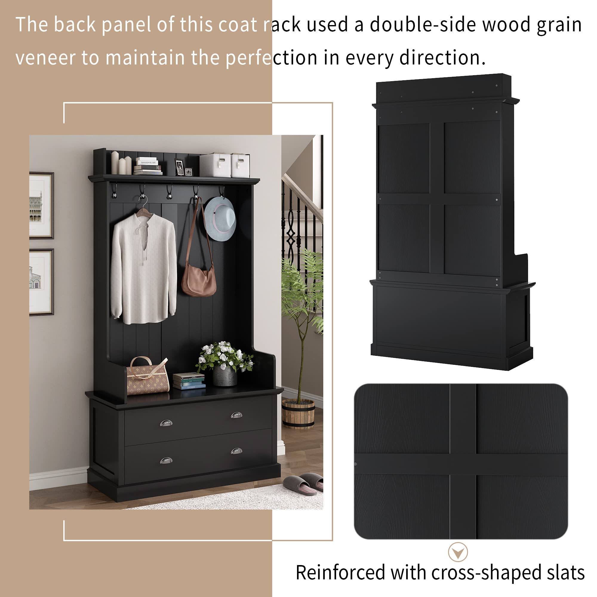 Hall Tree Coat Rack with Storage Bench - Entryway Organizer with 2 Large Drawers & 5 Metal Hooks for Hallway, Living Room | Perfect for Small Spaces, Mudroom & Apartment Entry Organization