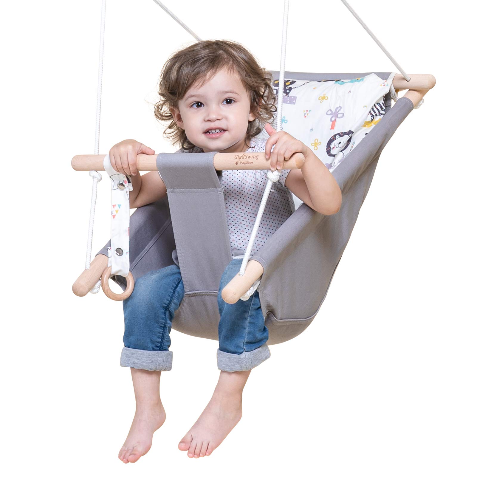 **Baby Swing for Infants & Toddlers - Soft Canvas Hammock Swing with Safety Belt & Mounting Kit - Indoor/Outdoor Wooden Hanging Chair for Kids 0-3 Years - Cute Animal Design - Perfect for Nursery, Playroom, Backyard & Park**