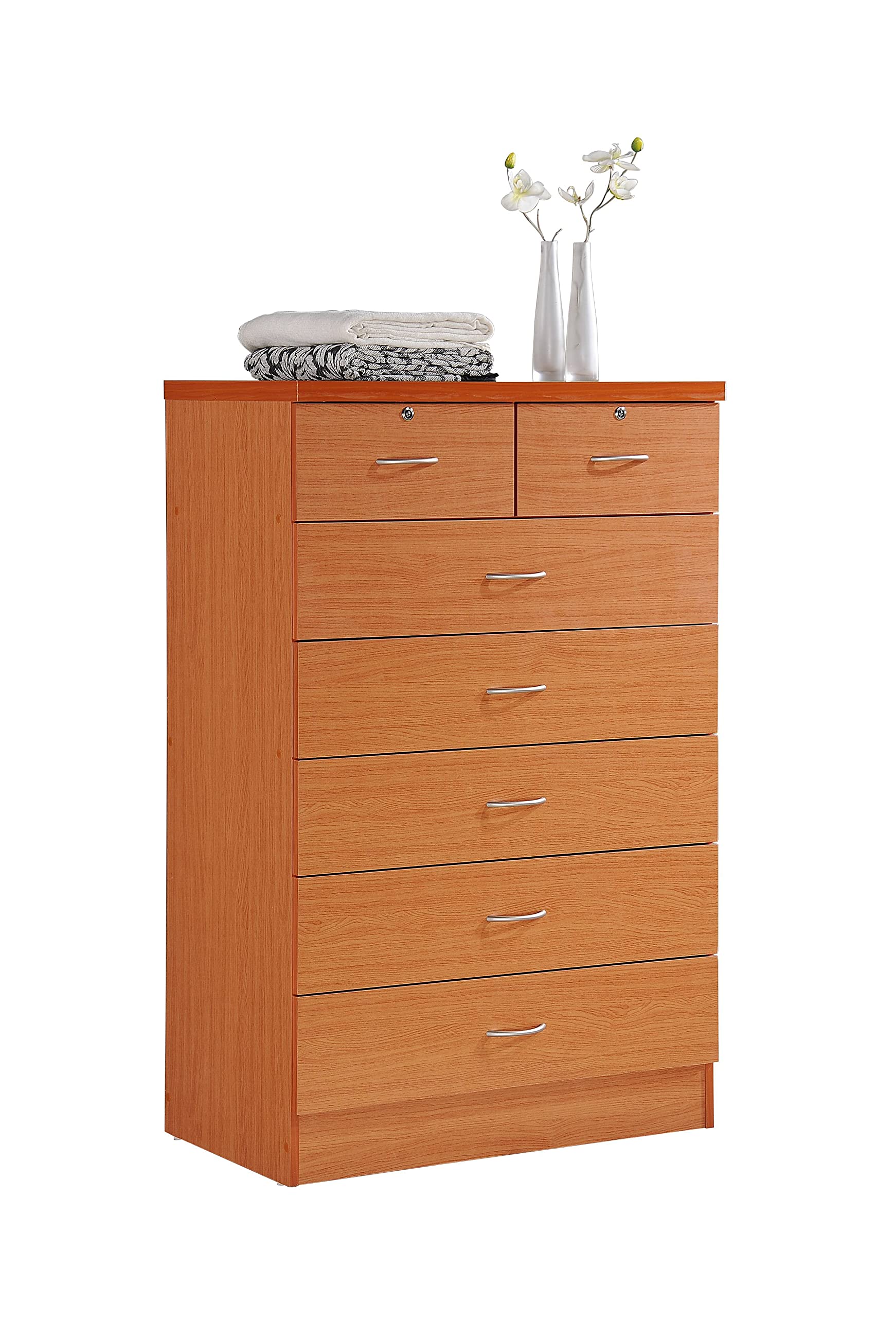 HODEDAH 7-Drawer Wooden Dresser for Bedroom - 31.5 Inch Wide Chest of Drawers with 2 Lockable Top Drawers - Cherry Finish Clothing Storage Organizer - Perfect for Bedroom, Nursery, or Closet Organization