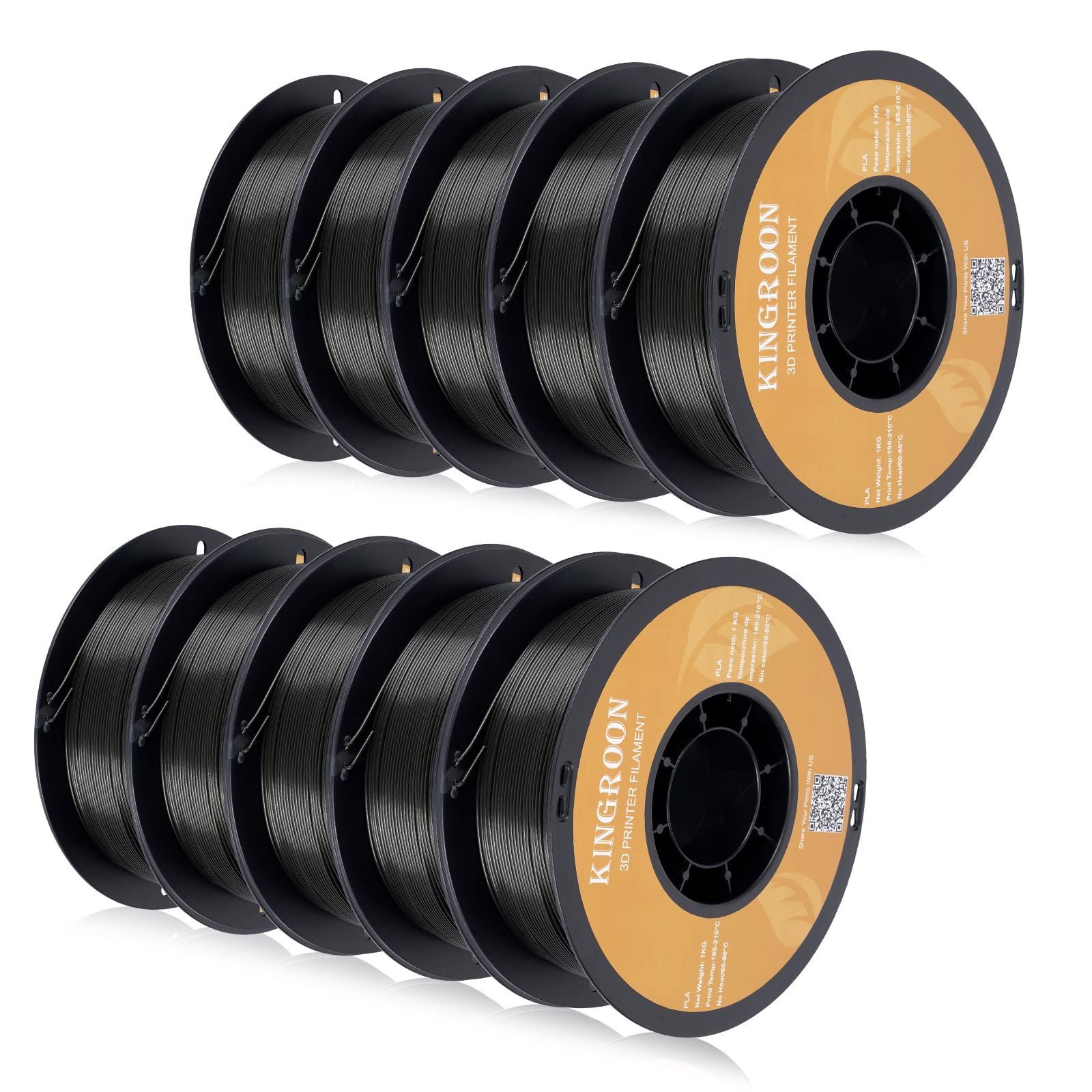 Kingroon Premium PLA 3D Printer Filament 1.75mm - 10 Rolls (10kg/22lbs) with High Precision +/-0.02mm - Black for 3D Printing, DIY Projects & Prototyping - Perfect for Home, Office & Maker Space Use