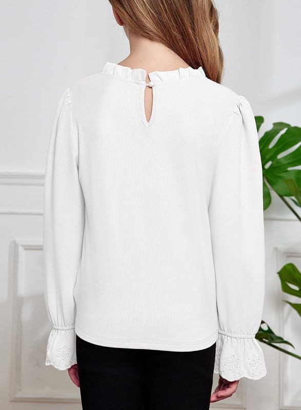 Stylish Girls' Ruffle Long Sleeve Crewneck Ribbed Knit Blouse Tops for Ages 6-15 - Perfect for School, Parties & Casual Wear