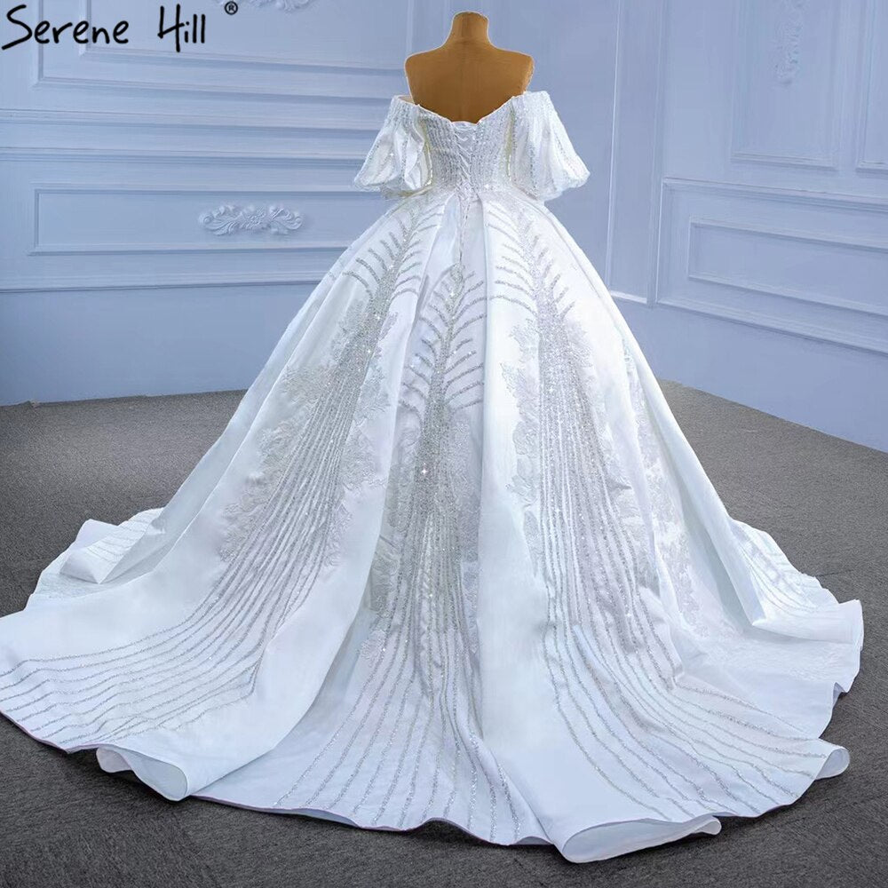 Serene Hill White Satin Luxury Wedding Dresses 2025 | Beaded Lantern Sleeve Bride Gowns | Custom Made HM67326 | Perfect for Church Weddings, Beach Ceremonies & Formal Receptions