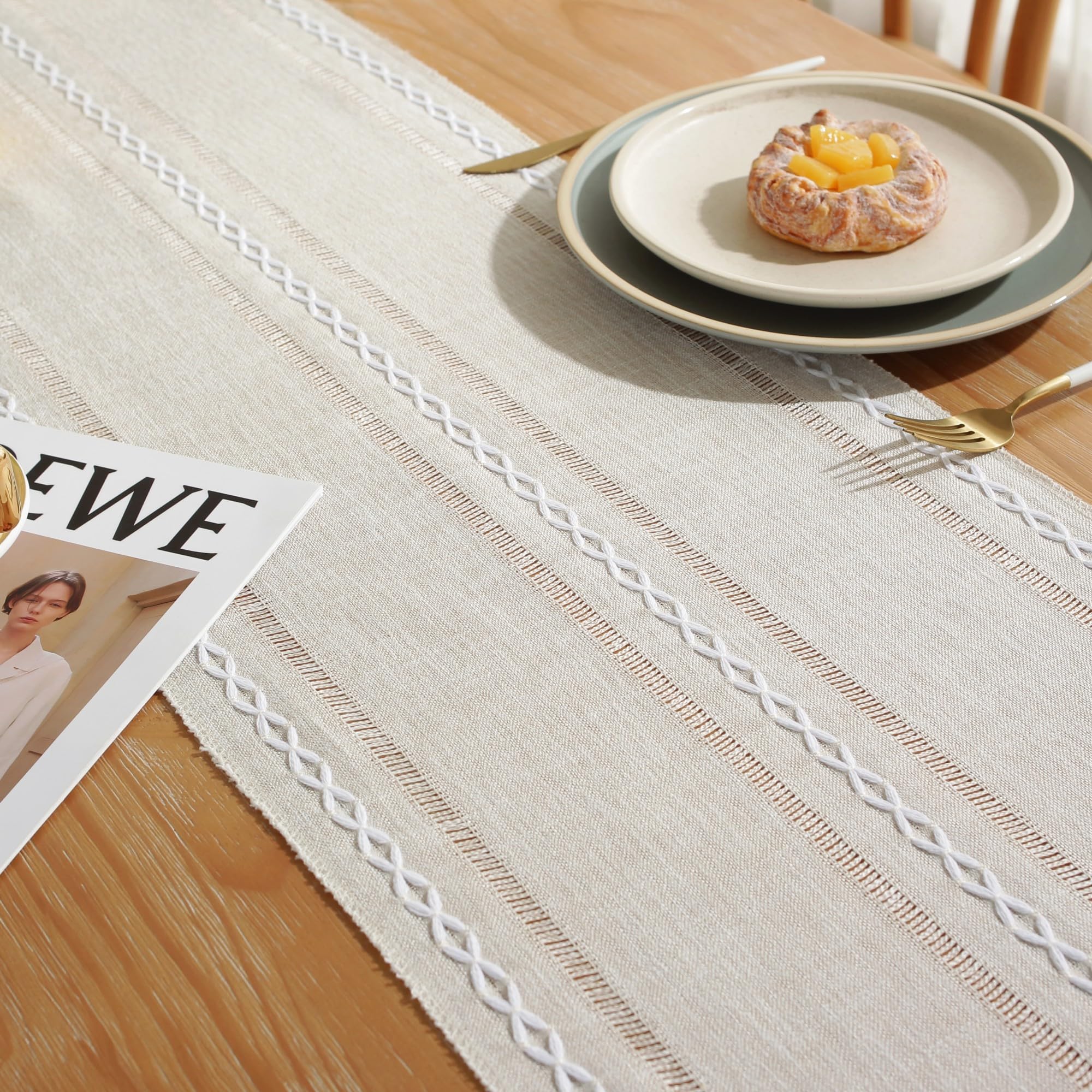 JIALE Rustic Farmhouse Table Runner with Tassels - 72 Inch Boho Cotton Linen Tablecloth for Dining Table Decor, Holiday Parties & Weddings (Ivory) | Perfect for Farmhouse Weddings, Thanksgiving Decor & Boho Home Styling