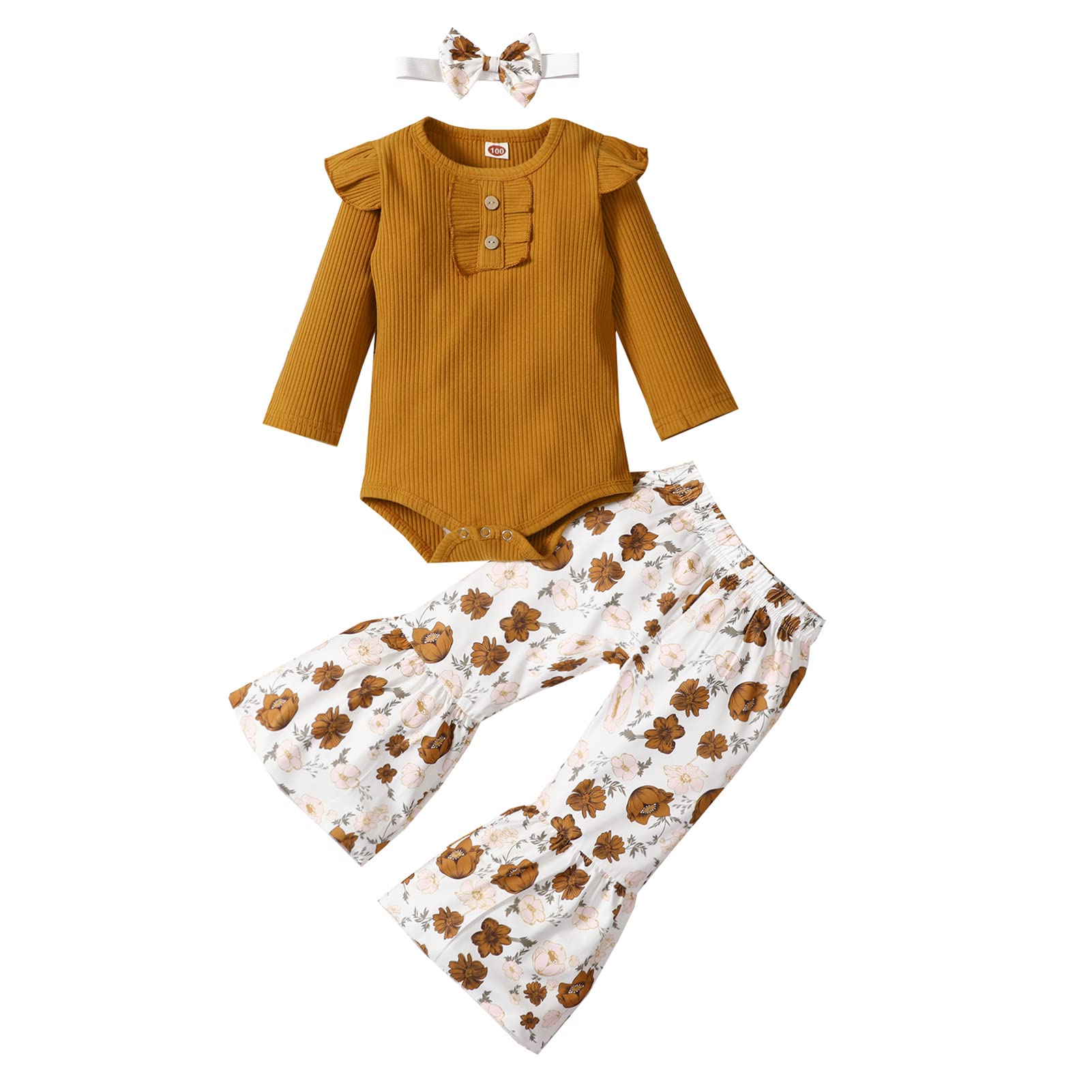 Adorable Newborn Baby Girl Clothes Set - Ribbed Bodysuit & Floral Flare Pants Outfit for Spring/Fall | Soft Cotton Romper Tops & Cute Baby Girl Outfits | Perfect for Photos, Playdates & Special Occasions