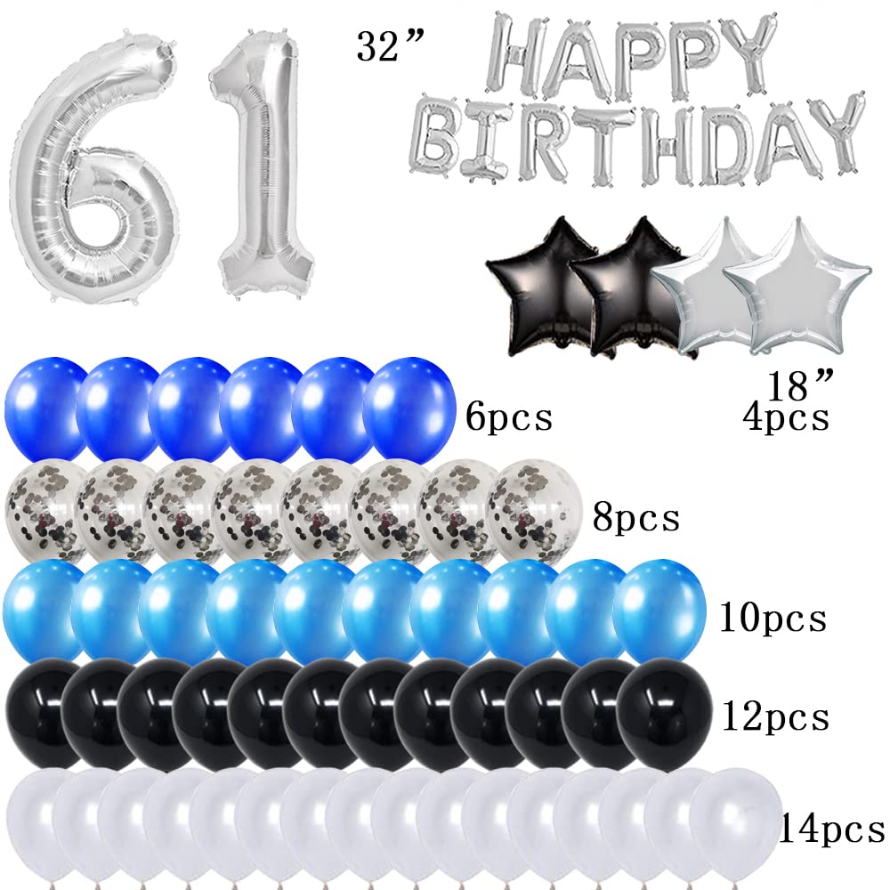 61st Birthday Party Decorations Set - Foil Happy Birthday Banner, Number 61 & Star Balloons, 47pcs Blue & Silver Latex Balloons for Milestone Celebrations, Retirement Parties & Anniversary Decor