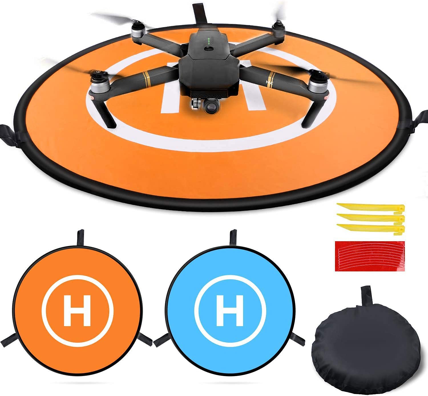 Universal Drone Landing Pad 55cm/21.6 Inch - Waterproof Helipad for DJI Mavic Mini 2, Air 2, Phantom & More - Double Sided Orange/Blue with Reflective Tape & Ground Pegs - Perfect for Outdoor Flying, Aerial Photography & Night Operations