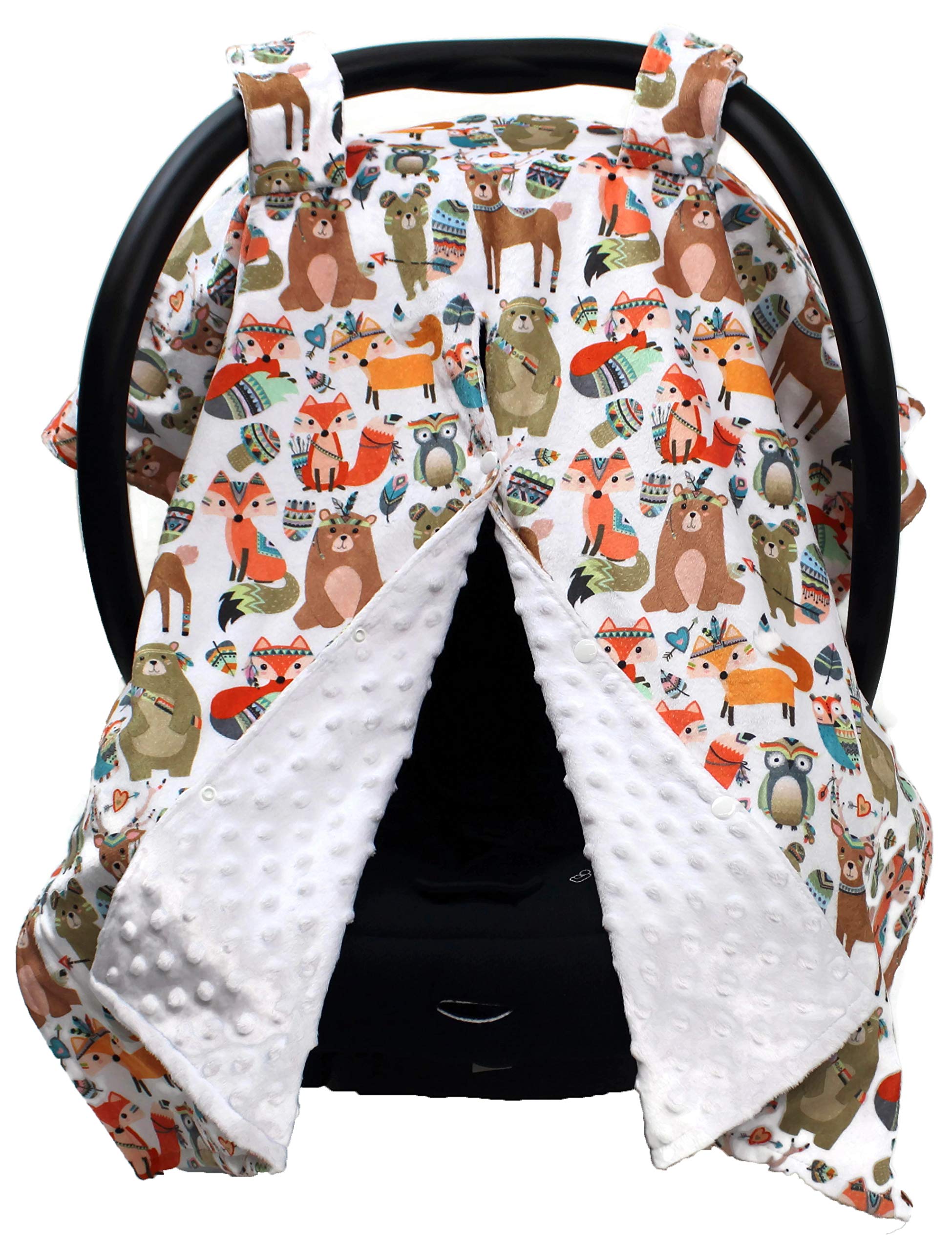 Premium Baby Car Seat Canopy Cover - Tribal Woodland Forest Animals & Dot Pattern in White | Soft & Breathable for Strollers, Shopping Carts & Travel | Dear Baby Gear