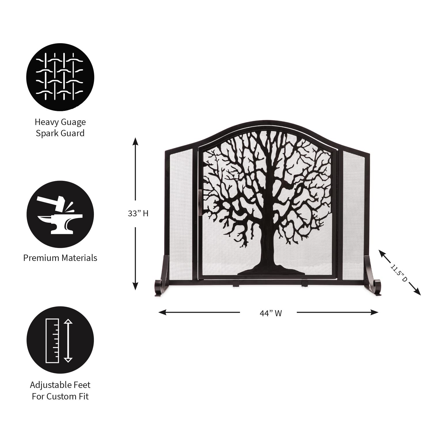 Plow & Hearth 44-Inch Black Metal Fireplace Screen with Tree of Life Design - 44