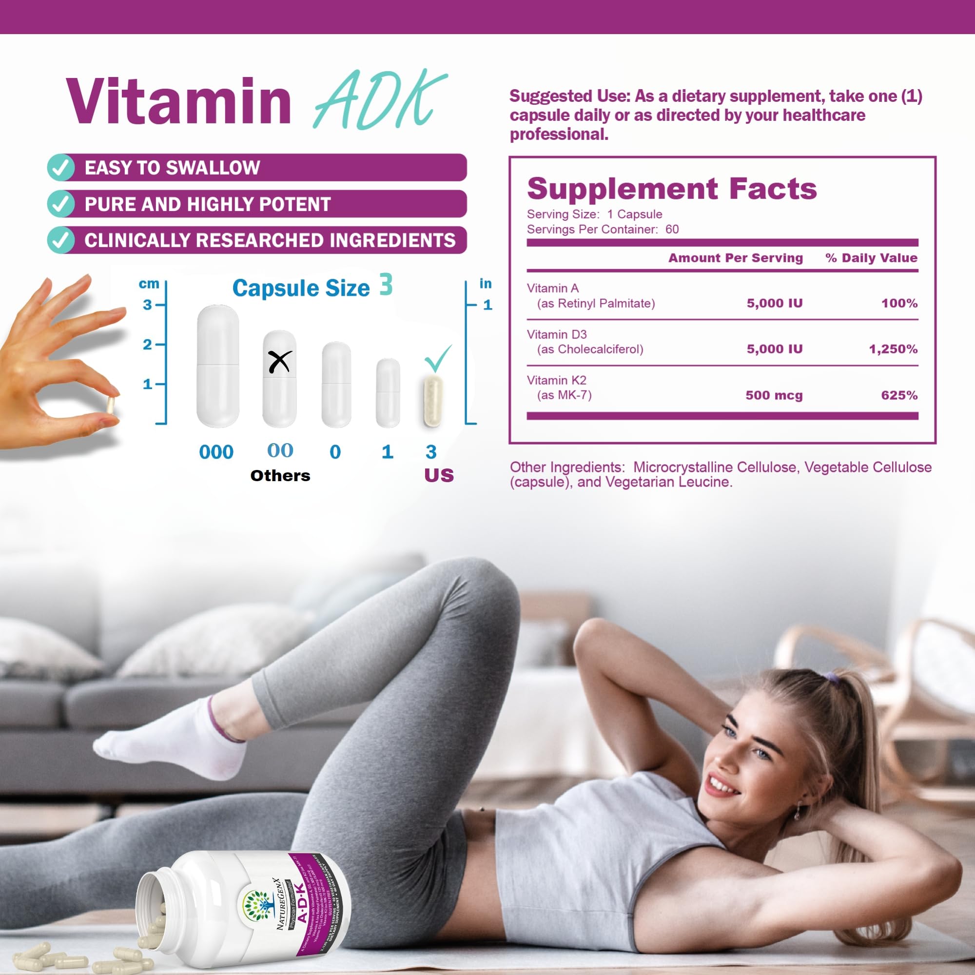 Premium ADK Vitamin Supplement for Bone Health - High Potency Vitamins A, D3 & K2 Complex | Gluten-Free, Non-GMO | 60 Capsules (2 Pack) | Supports Strong Bones, Joints & Immune System | Ideal for Adults, Seniors & Active Lifestyles
